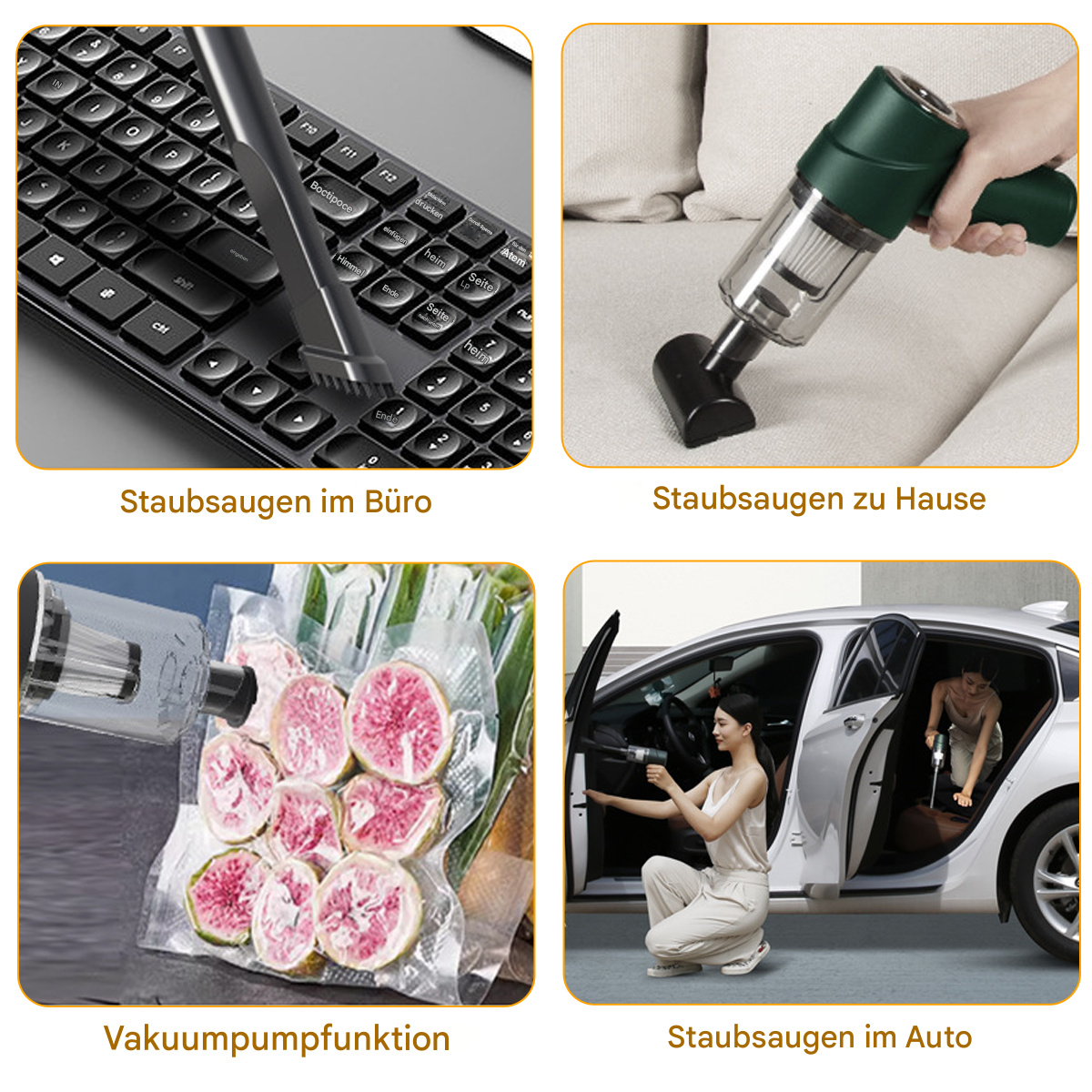 Vier Bilder zeigen Staubsaugen: Tastatur, Sofa, Obst in Beuteln und Auto-Innenraum. Text beschreibt jede Szene.
