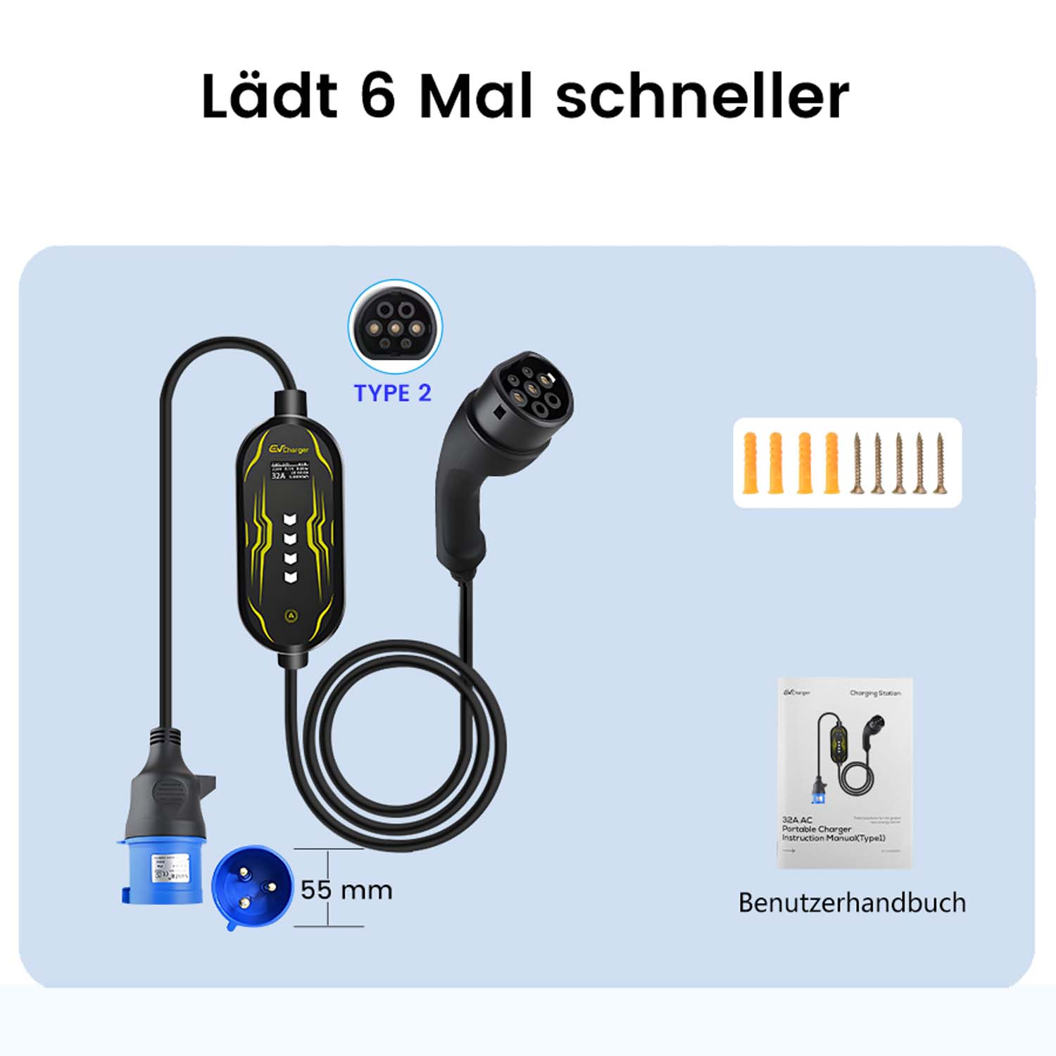 Ein EV-Ladegerät mit Typ-2-Anschluss, Kabeln und einer Ladestation. Ein Handbuch und Schrauben sind ebenfalls vorhanden.
