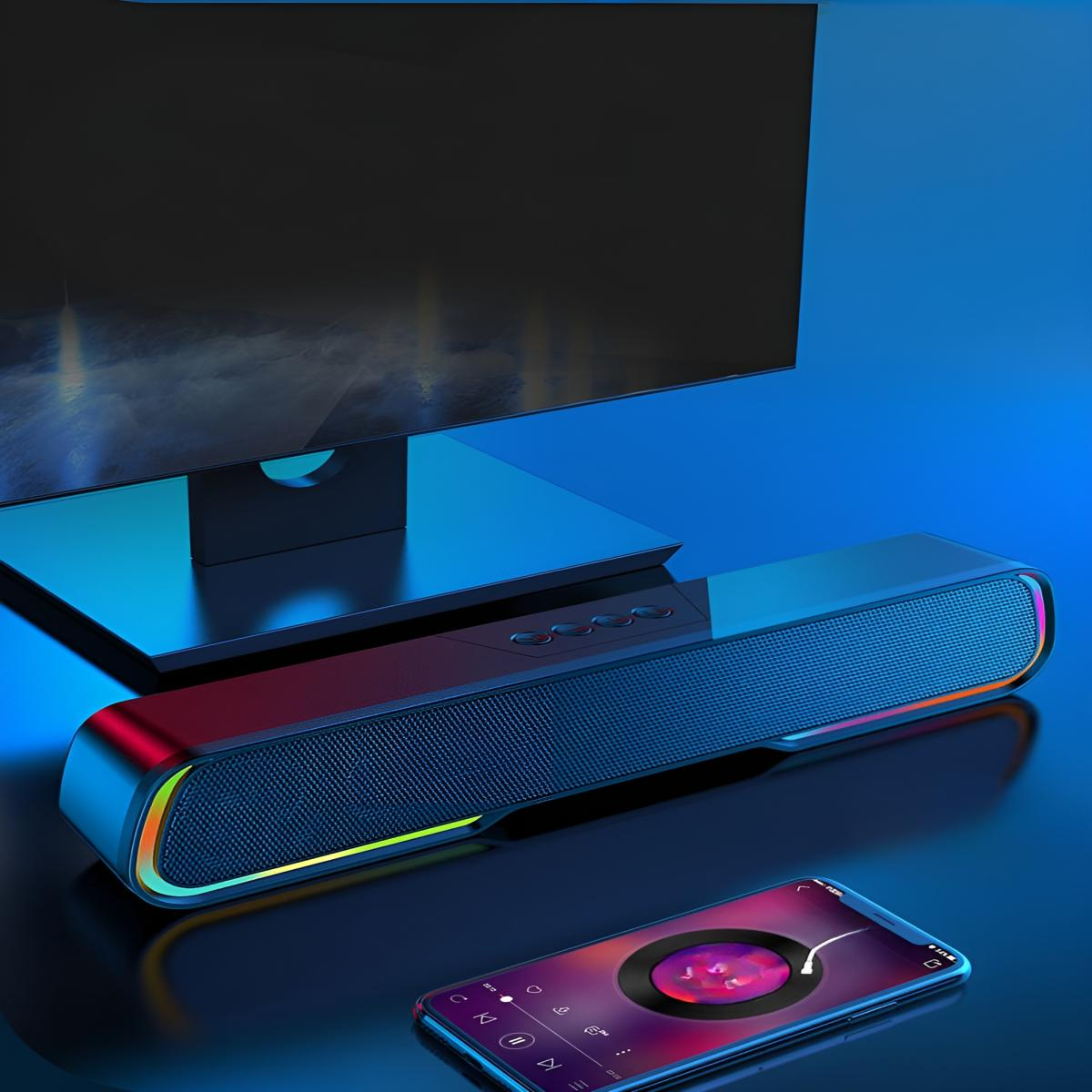 Soundbar-Lautsprecher in Blau und Schwarz mit einem Telefon, das Musik auf blauer Oberfläche zeigt.