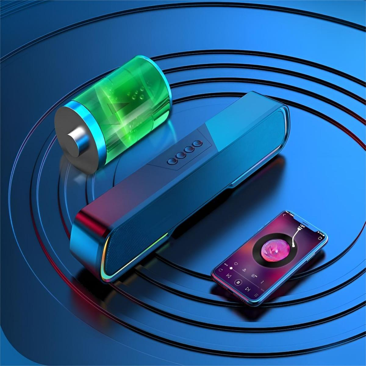 Blau-schwarzer Lautsprecher, ein Musik abspielendes Telefon und eine grüne Batterie auf blauem Untergrund.