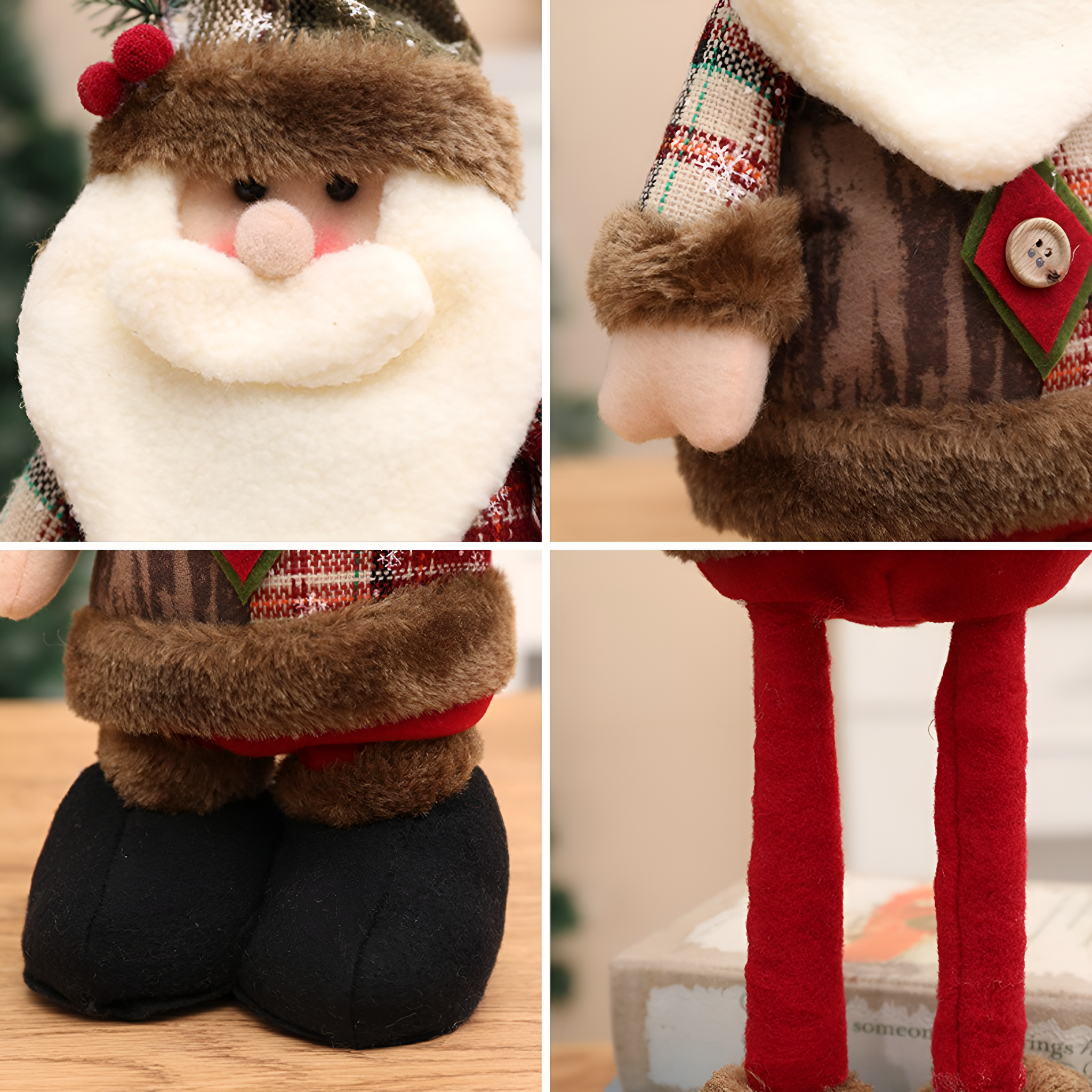 Weihnachtsmann-Puppe mit Plüschbart, roten Wangen und schwarzen Stiefeln. Weihnachtsdekoration.