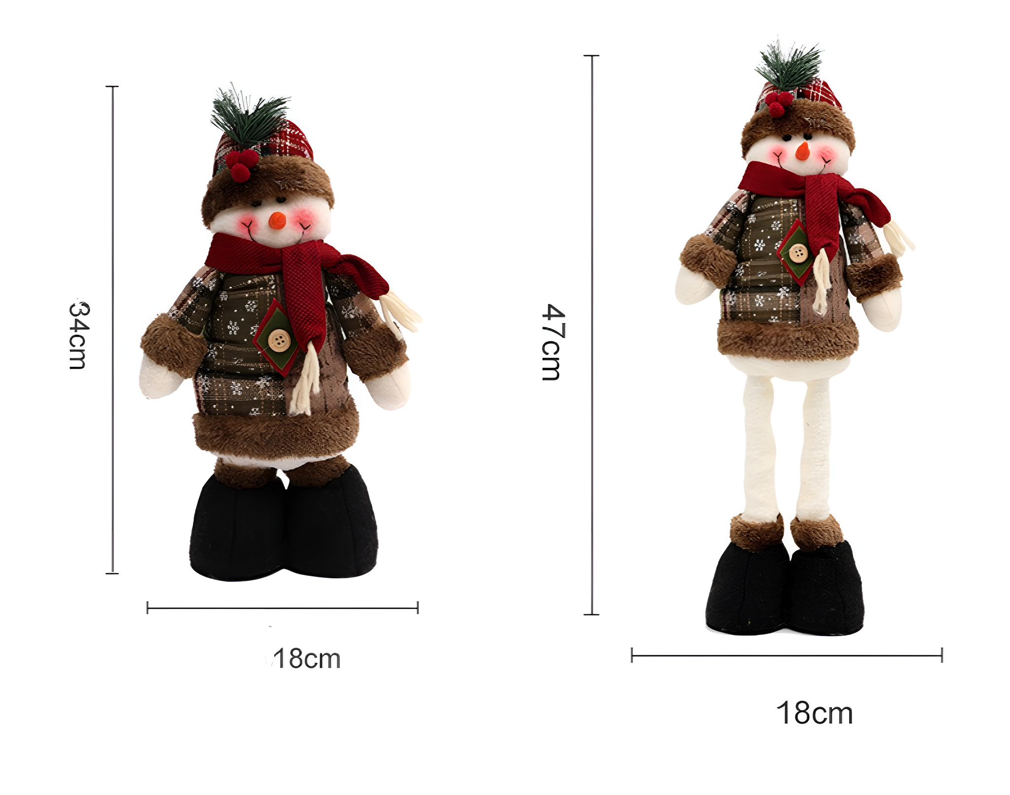 Zwei Schneemannfiguren mit angegebenen Abmessungen, einer stehend, einer sitzend.