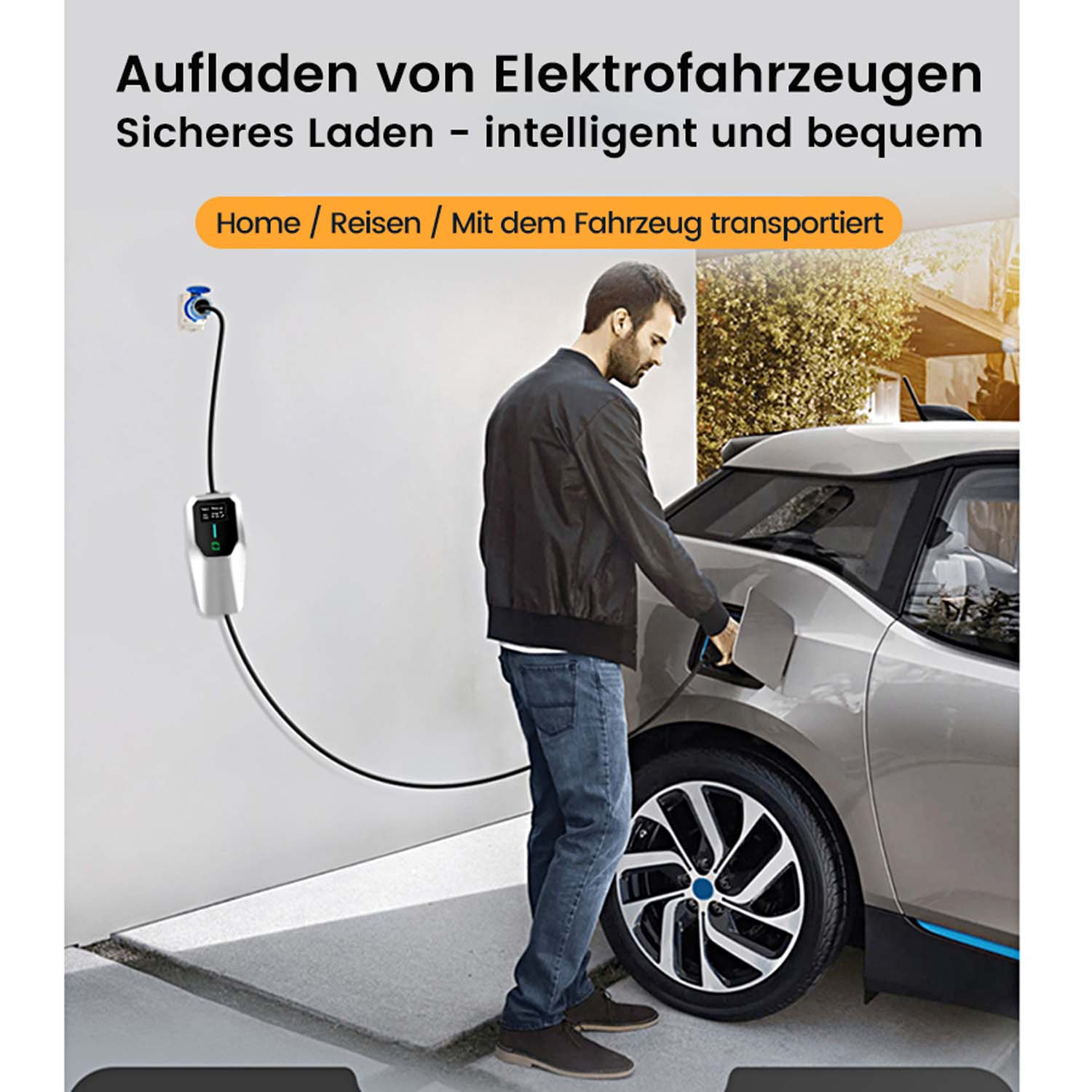 Ein Mann lädt ein Elektroauto mit einem an der Wand angeschlossenen Ladegerät auf.
