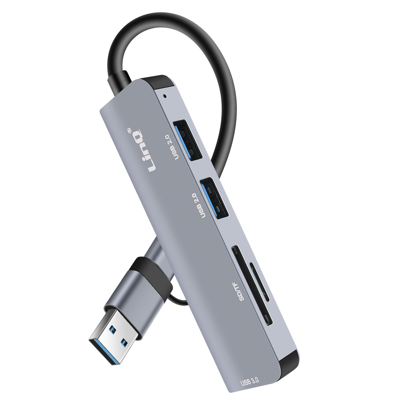 Hub USB gris avec ports et câble. Le fond est blanc.