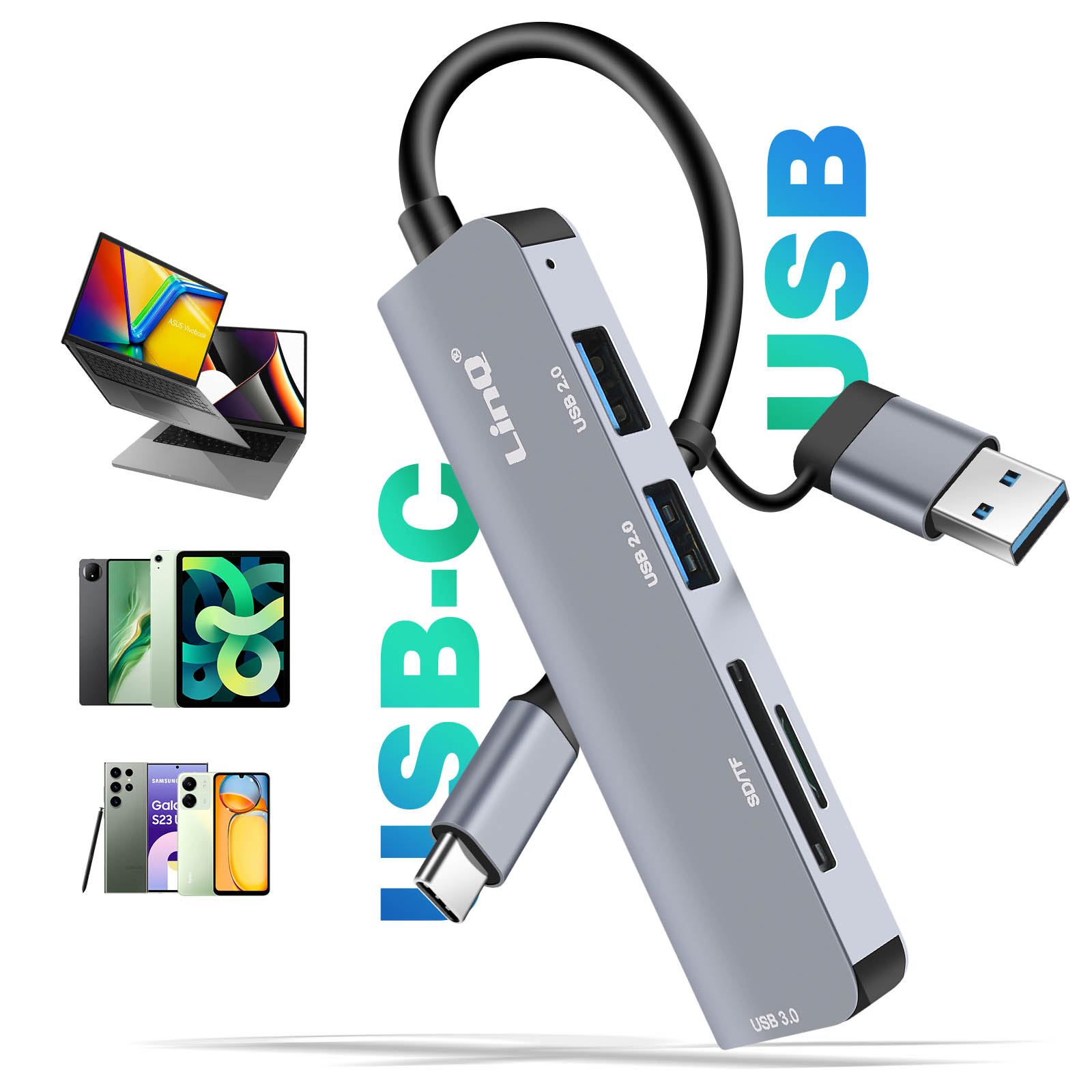 Hub USB-C avec ports USB 2.0 et 3.0, plus lecteur de carte SD/TF. Connecté à des ordinateurs portables et mobiles.