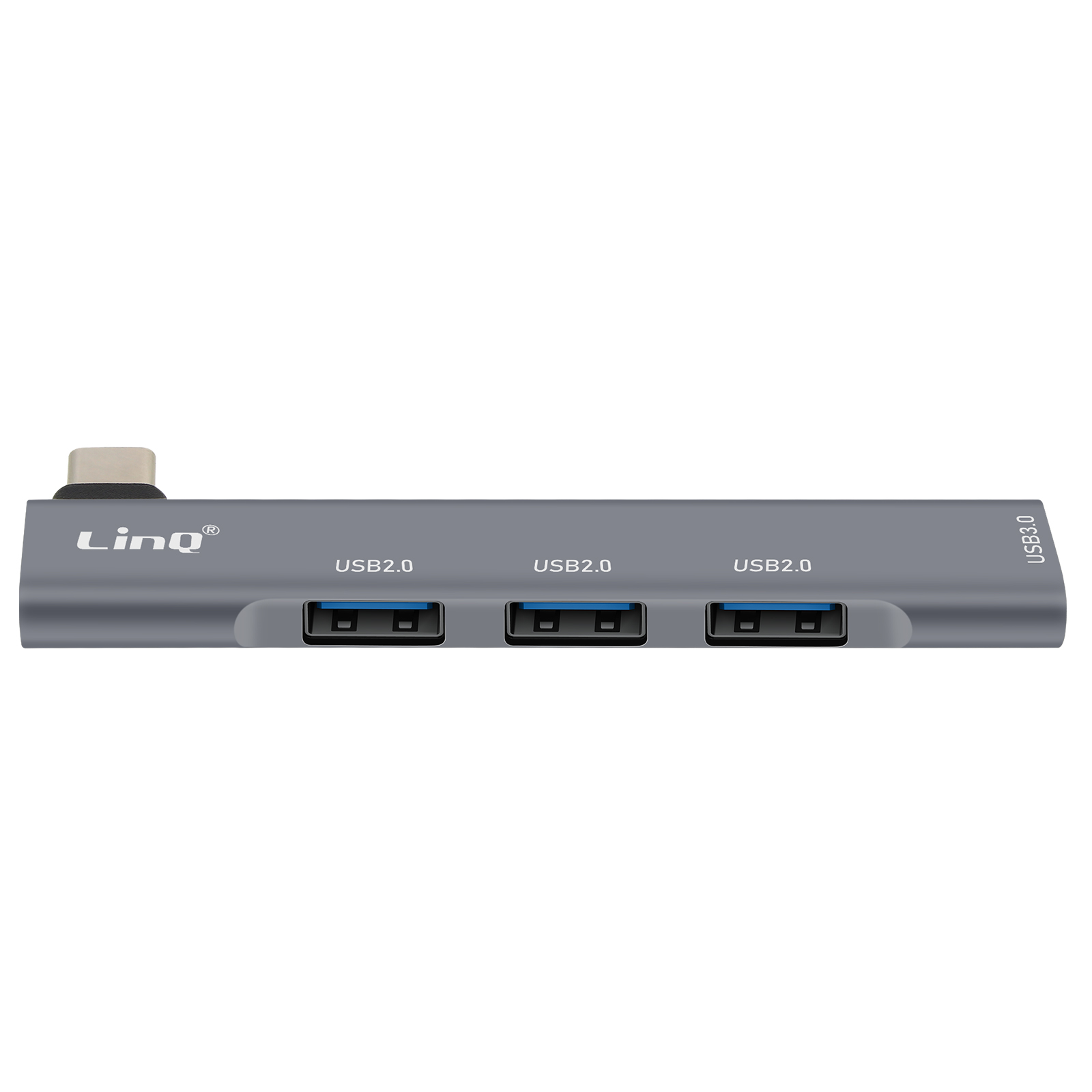 Hub USB gris avec trois ports USB 2.0 et un port USB 3.0. Fond blanc. Logo Linq.