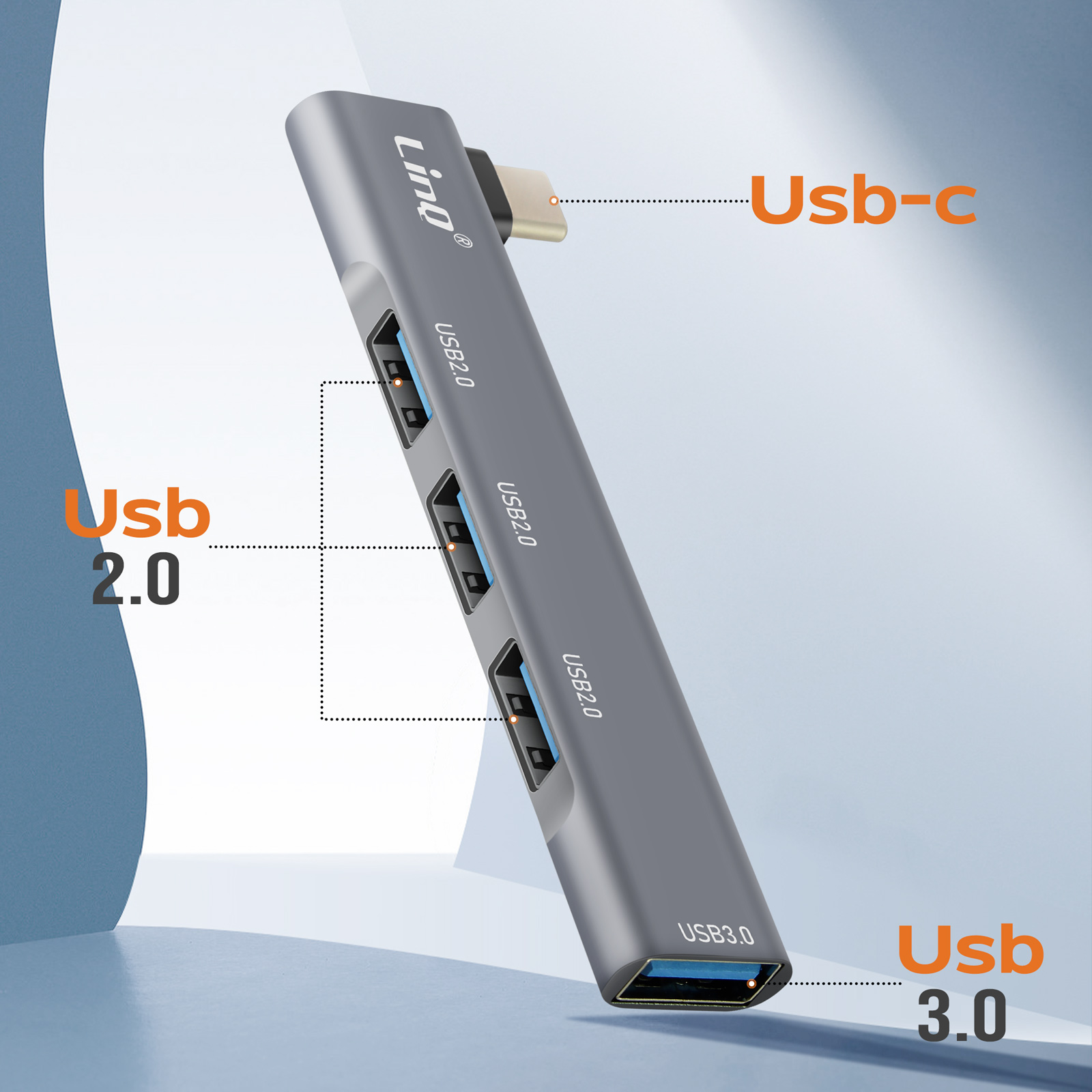 Hub USB gris avec ports USB-C, USB 2.0 et USB 3.0. Étiqueté USB 2.0 et USB 3.0.