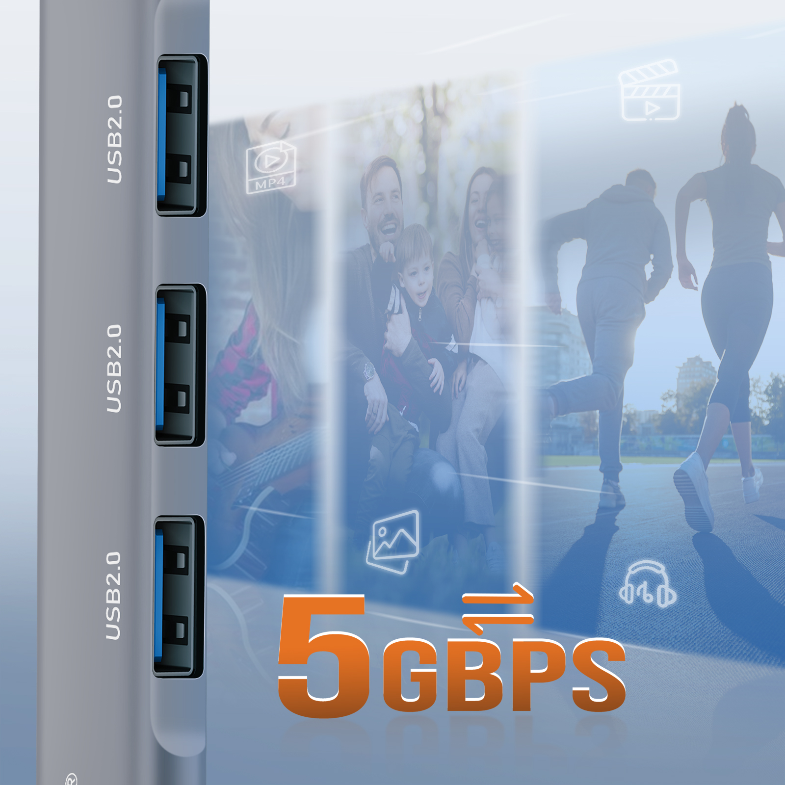 Hub USB avec ports USB 2.0, image de famille et personnes courant avec graphiques de données.