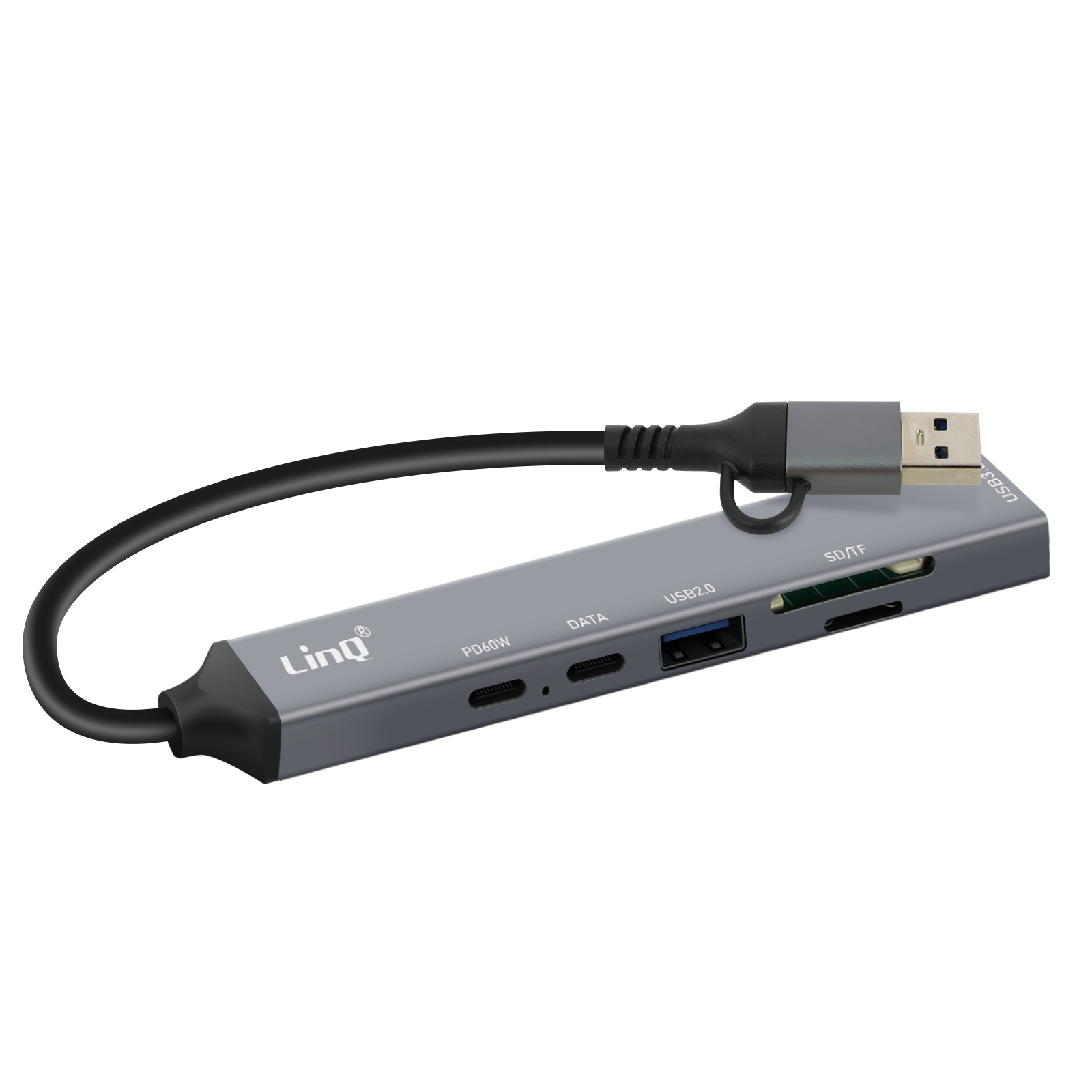 Un hub USB gris avec plusieurs ports, dont USB 2.0, SD et PD60W.