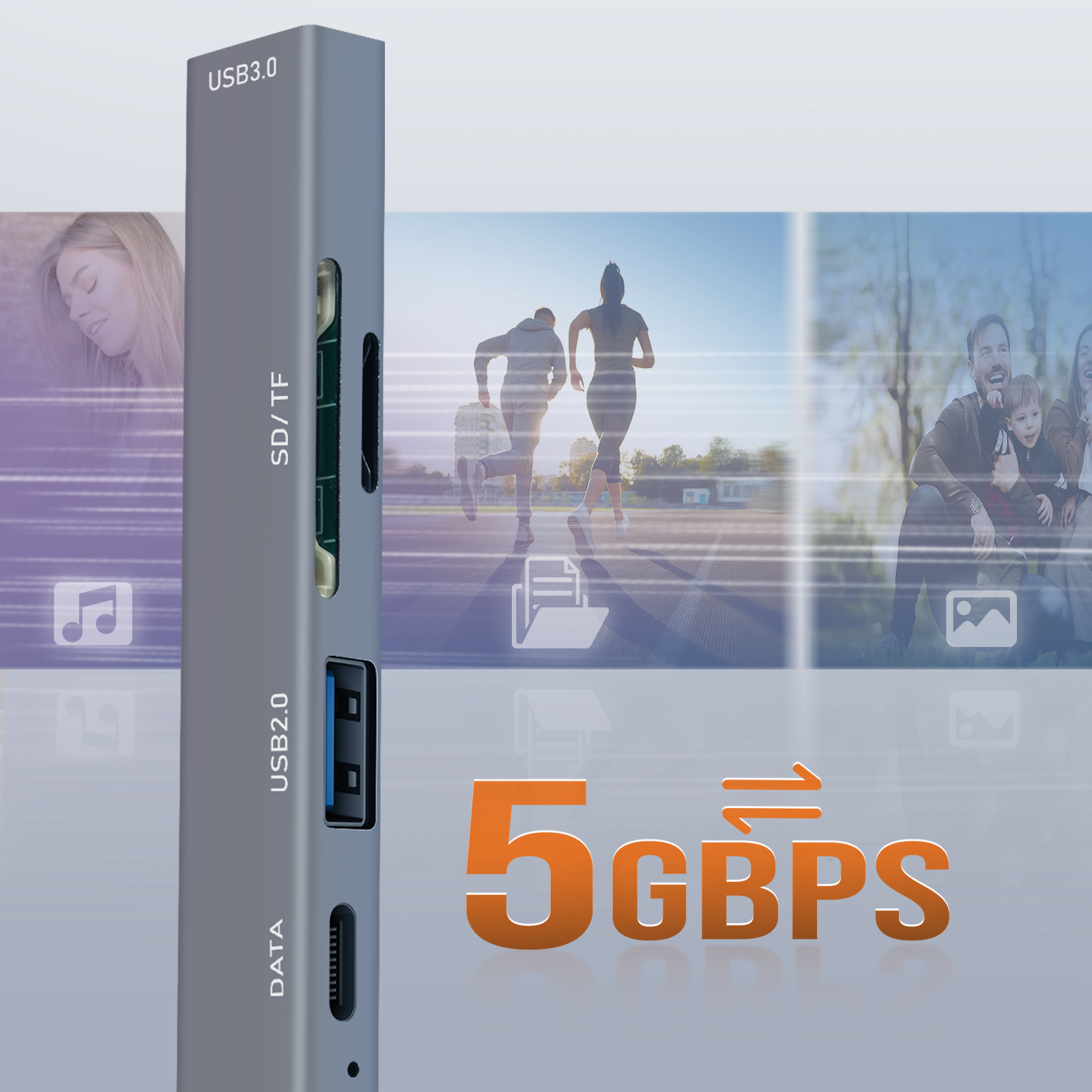 Un hub USB gris avec des ports et des connexions de données. L'arrière-plan contient des images de personnes en train de courir.