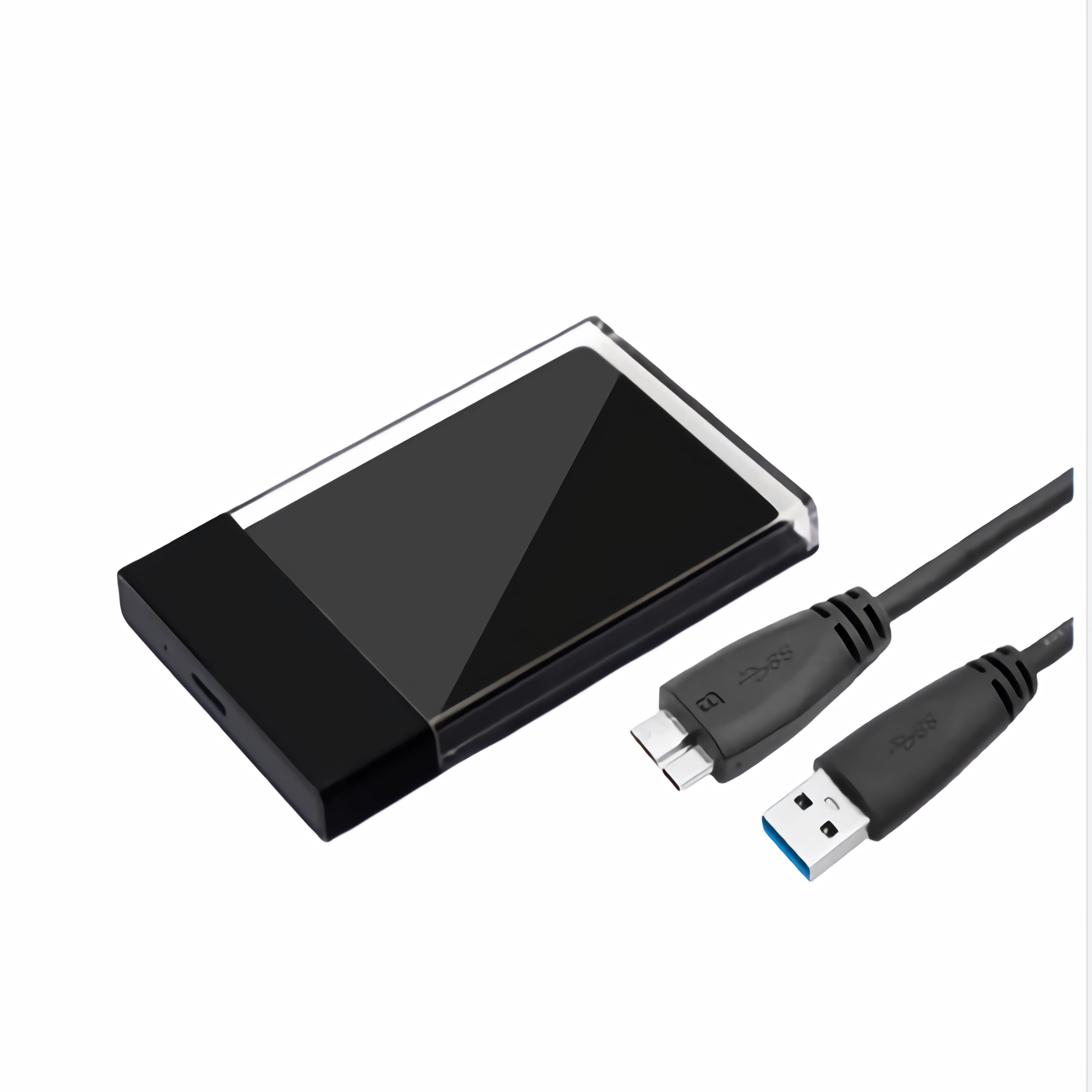 Schwarze externe Festplatte mit USB-Kabel.