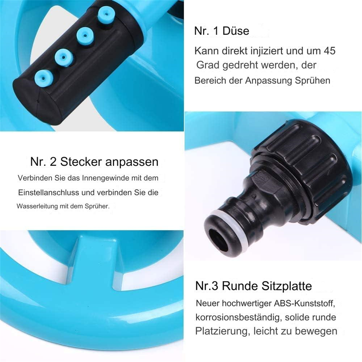 Nahaufnahme eines blau-schwarzen Sprinklers mit Anweisungen. Es zeigt Düse, Anschluss und Basisdetails.