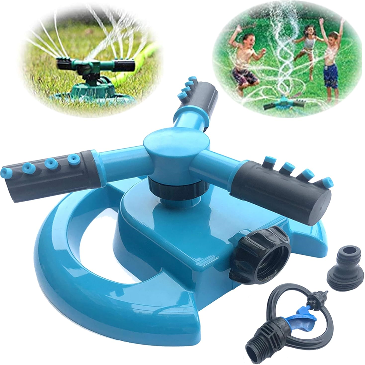 Ein blauer Rasensprenger mit spielenden Kindern im Wasser und zusätzlichen Teilen. Der Rasensprenger steht auf Gras.