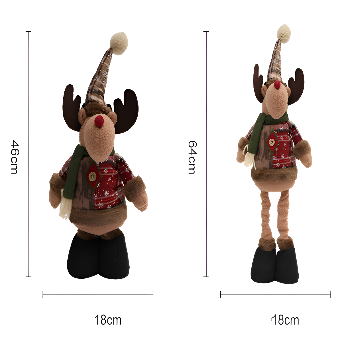 Zwei Weihnachts-Rentierpuppen, eine stehend und eine sitzend, auf weißem Hintergrund.