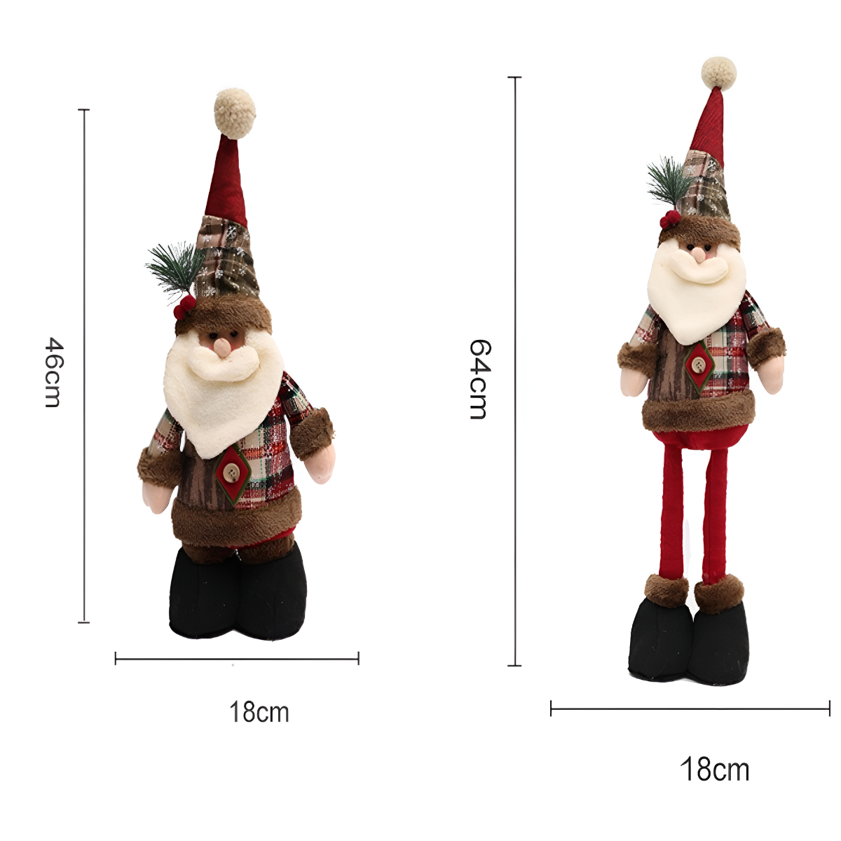 Zwei Weihnachtsmann-Puppen mit Höhen- und Breitenmaßen.