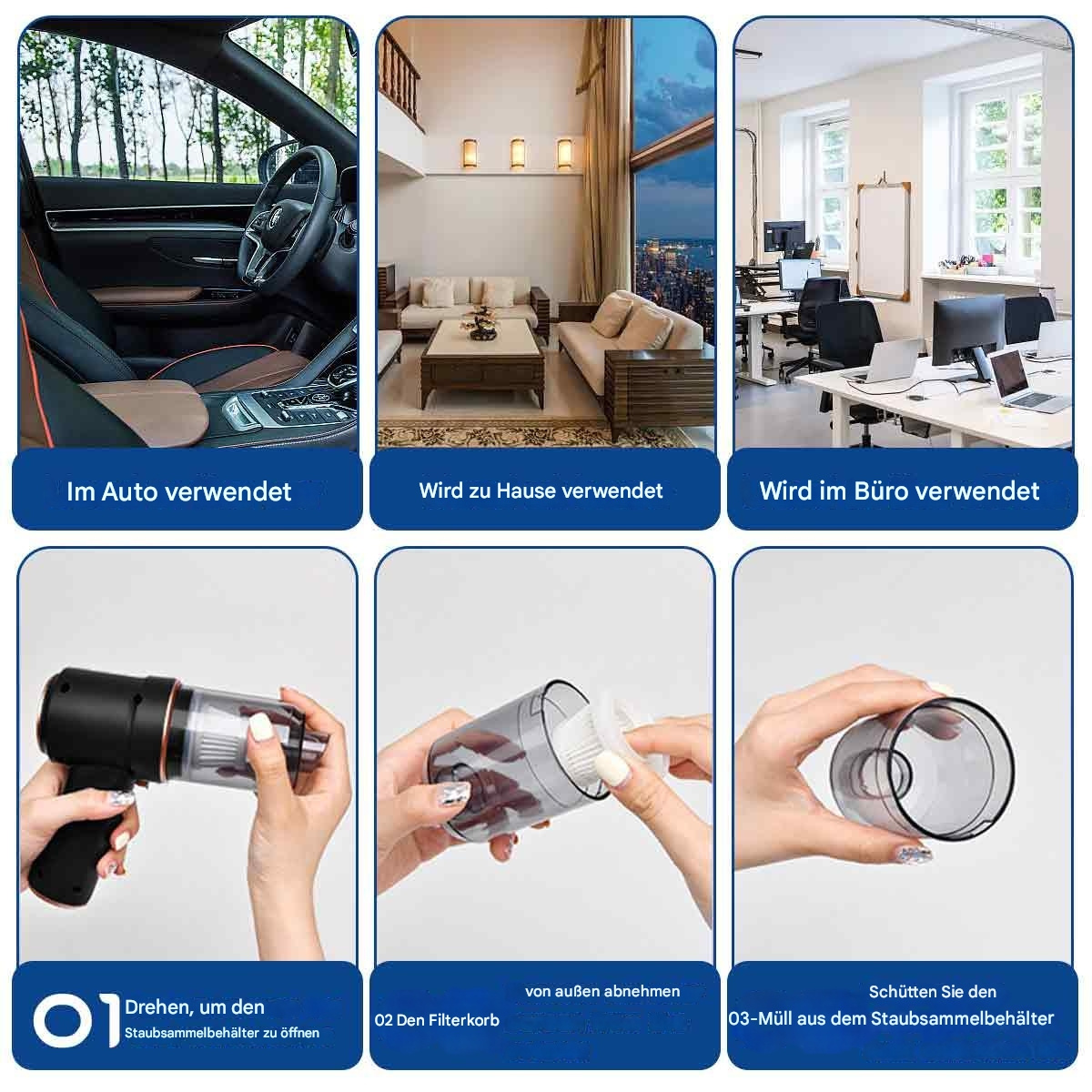 Eine Reihe von Bildern zeigt die Verwendung eines kleinen Handstaubsaugers: im Auto, zu Hause und im Büro.