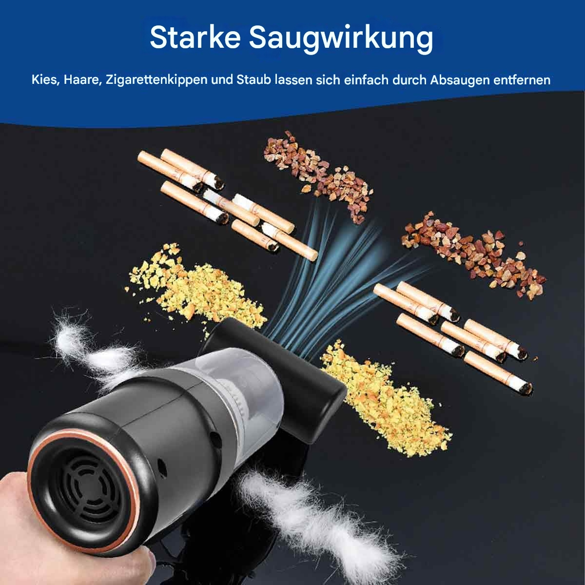 Ein Staubsauger, der Rückstände wie Haare und Zigarettenkippen aufsaugt, mit deutschem Text.
