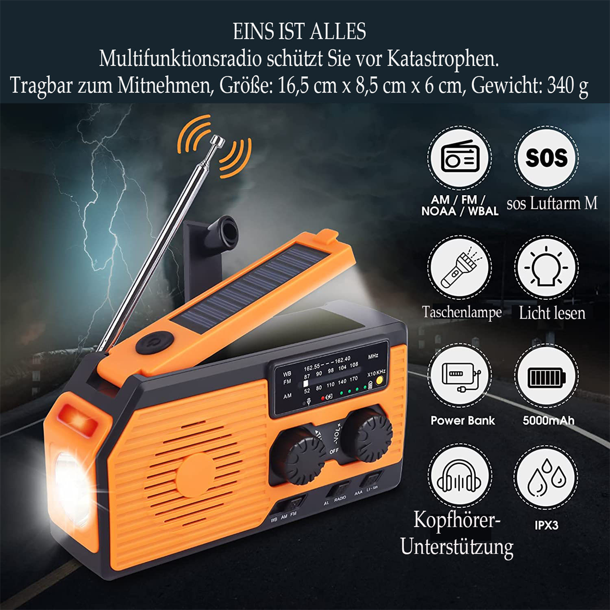 Ein orange-schwarzes Radio mit Solarpanel, Taschenlampe und mehreren Symbolen, mit Text auf Deutsch.