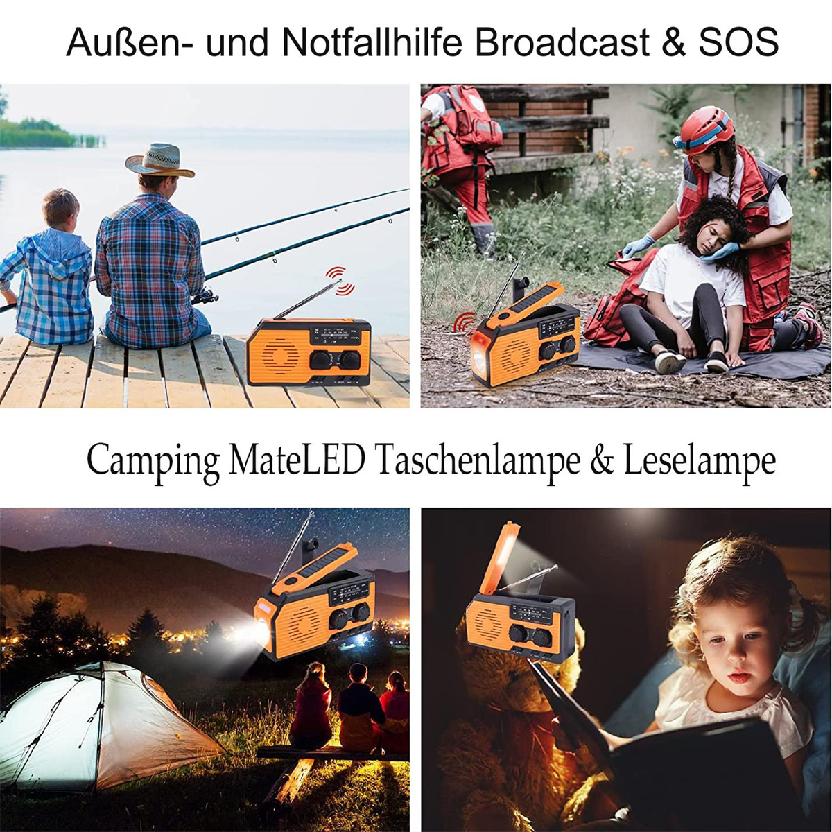 Notfallradio und SOS-Szenen. Camping-, Angel- und Rettungskontexte.