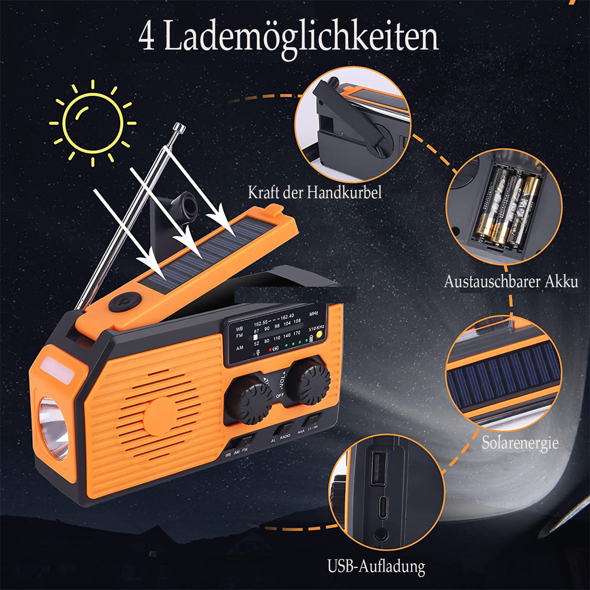 Orangefarbenes und schwarzes Notfallradio mit Solarpanel und mehreren Lademöglichkeiten.