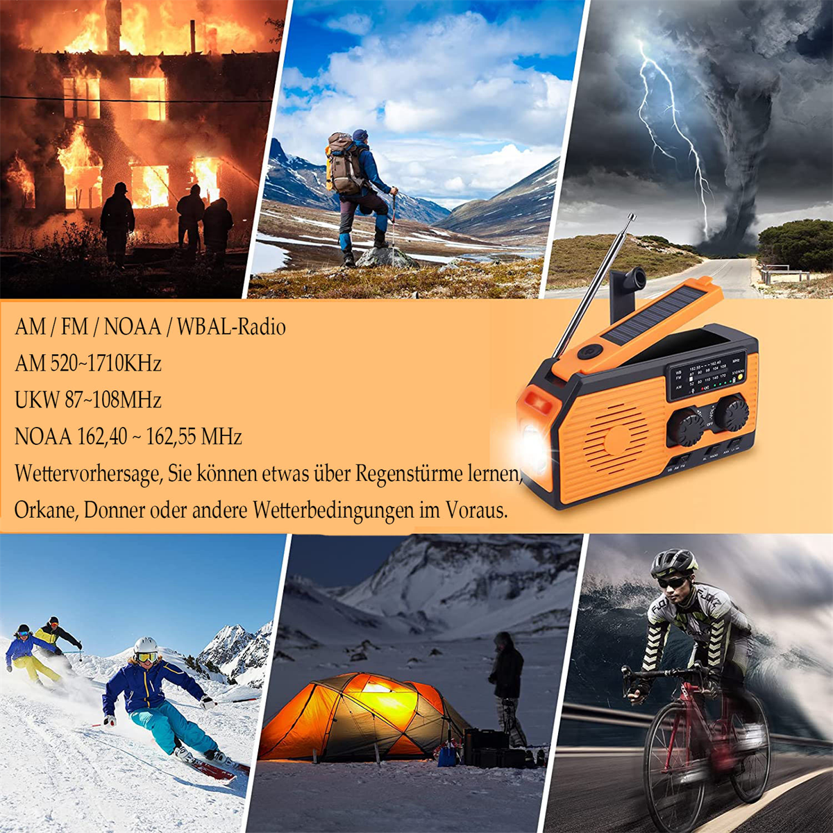 Oranges Notfallradio mit Solarpanel und verschiedenen Szenen: Feuer, Wandern, Tornado, Skifahren, Camping, Radfahren.