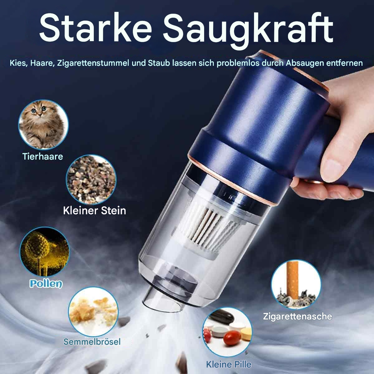 Ein Handstaubsauger. Es zeigt Bilder von Dingen, die der Staubsauger aufsaugt.