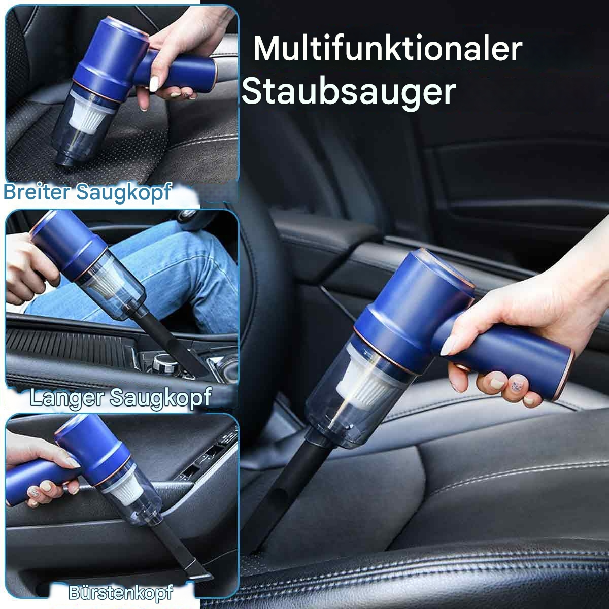 Staubsauger für den Autoinnenraum. Mehrere Bilder zeigen verschiedene Reinigungsköpfe im Einsatz.