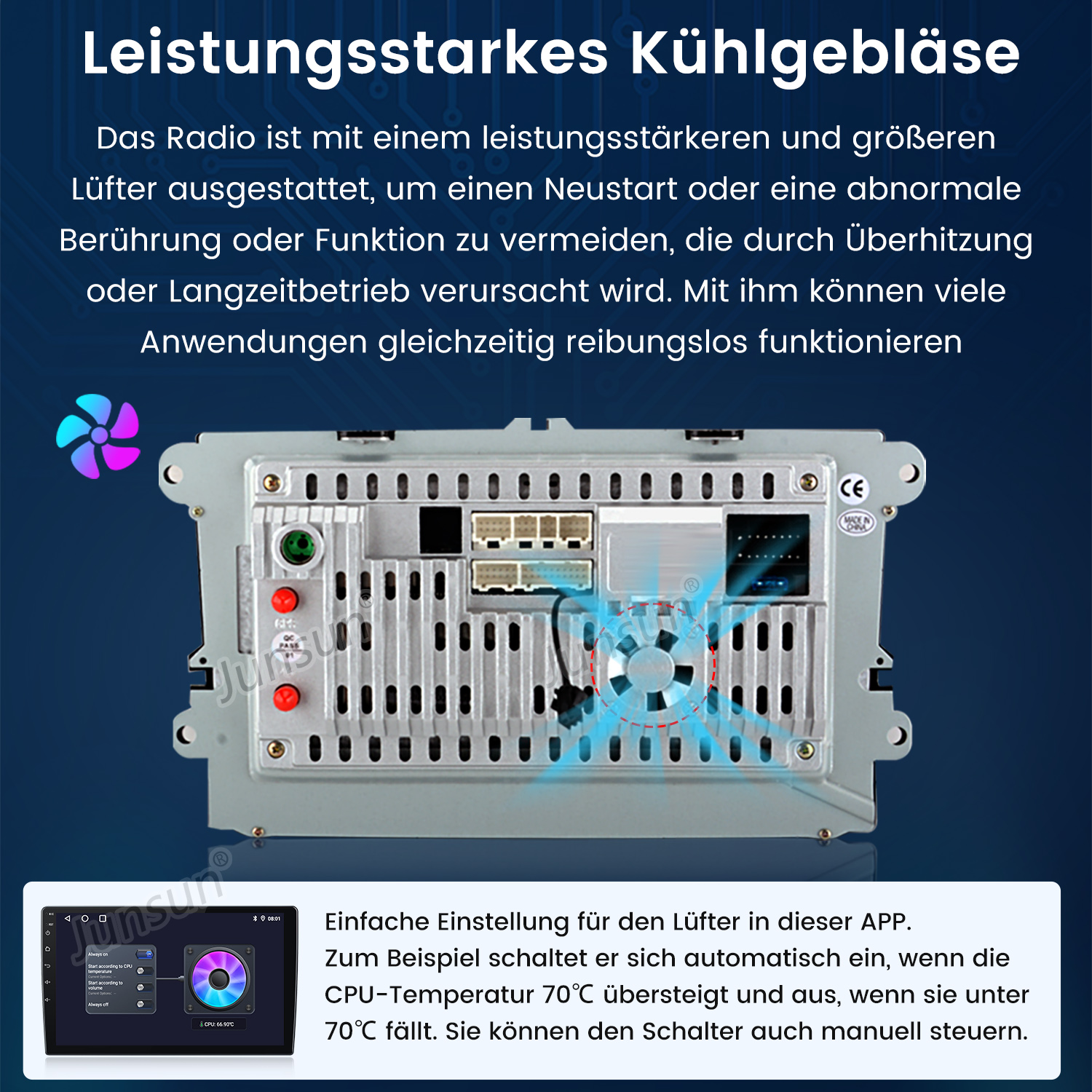 Elektronisches Gerät mit deutschem Text, der einen Lüfter und seine Funktionen beschreibt.