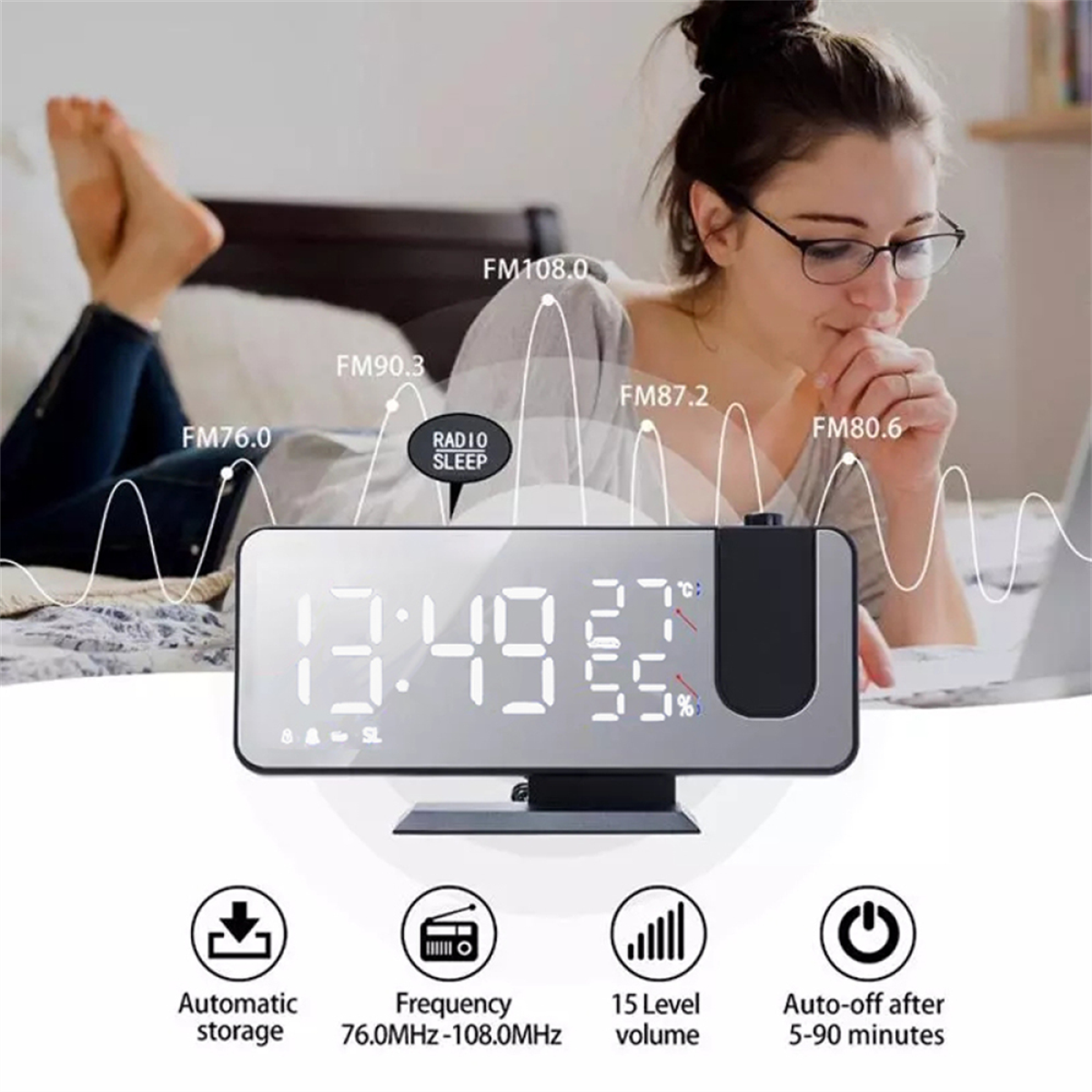Eine Digitaluhr, die Uhrzeit, Temperatur und Luftfeuchtigkeit anzeigt, mit Radiofrequenz und anderen Symbolen.