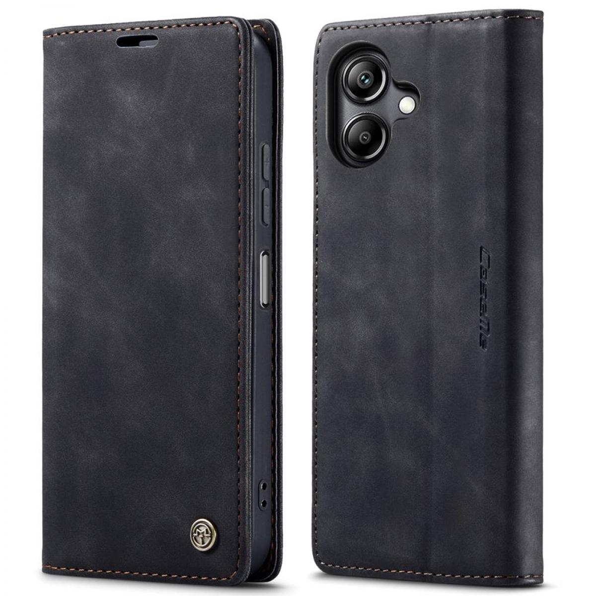 Eine schwarze Leder-Handyhülle, offen, um das Telefon zu zeigen, und geschlossen. Es hat Nähte und ein Logo.