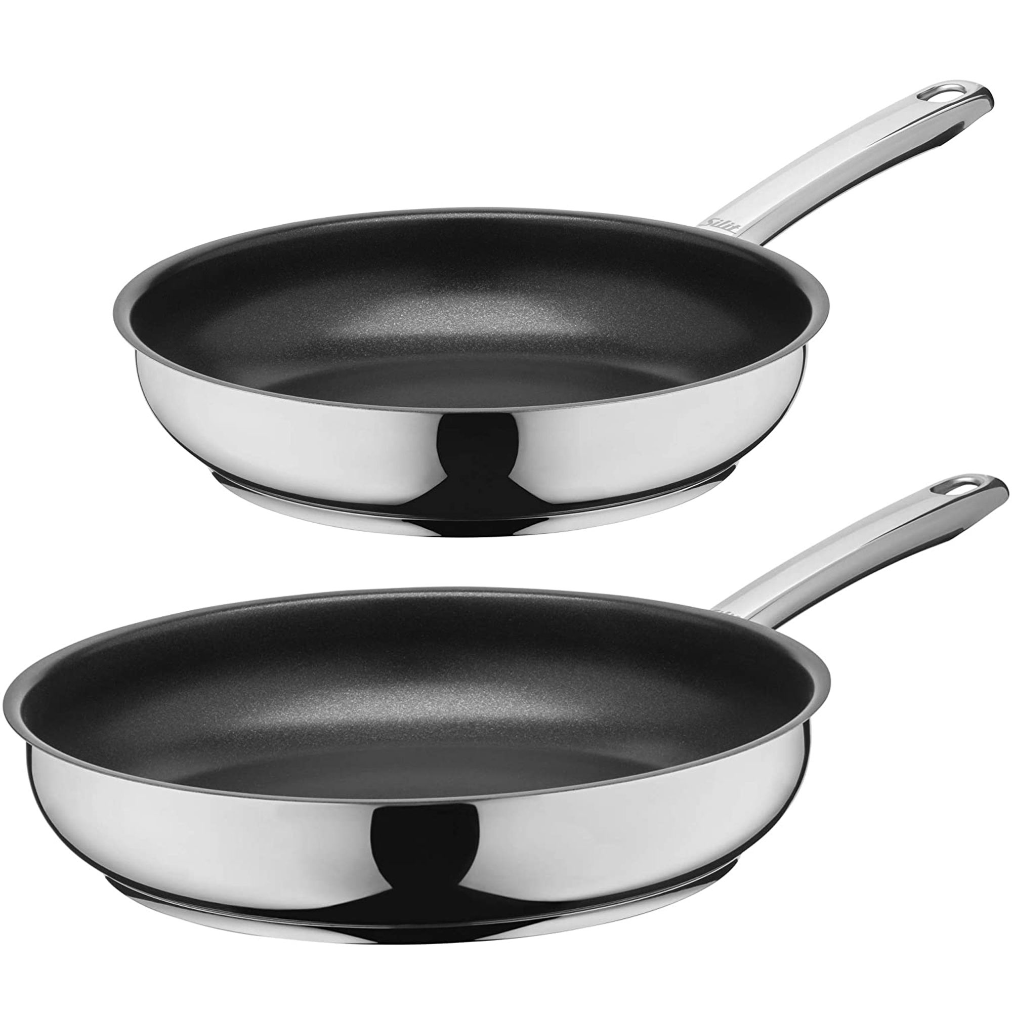 Zwei Edelstahl-Bratpfannen mit schwarzem Innenraum und silbernen Griffen.