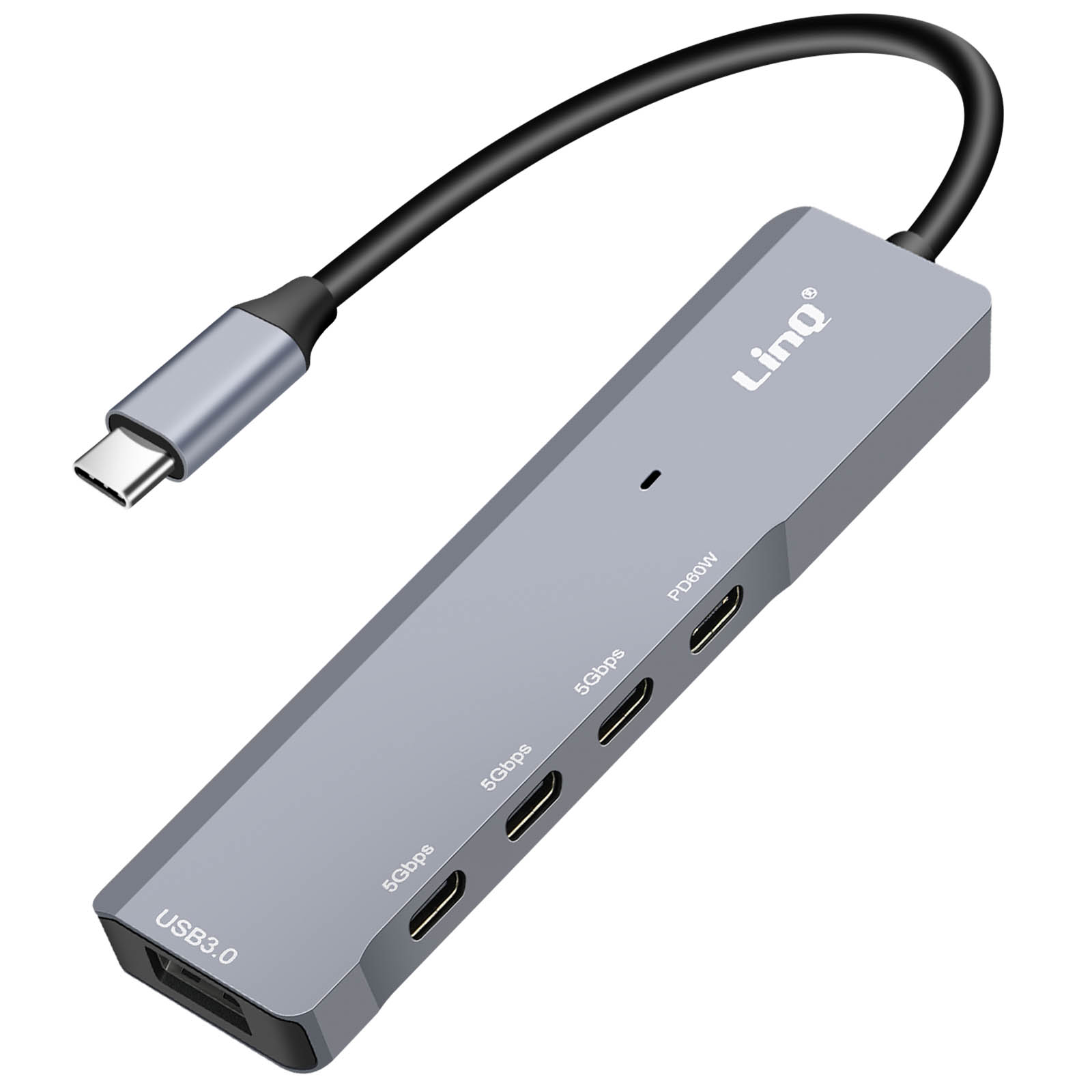 Un hub USB 3.0 grigio con più porte e un connettore USB-C su sfondo bianco.