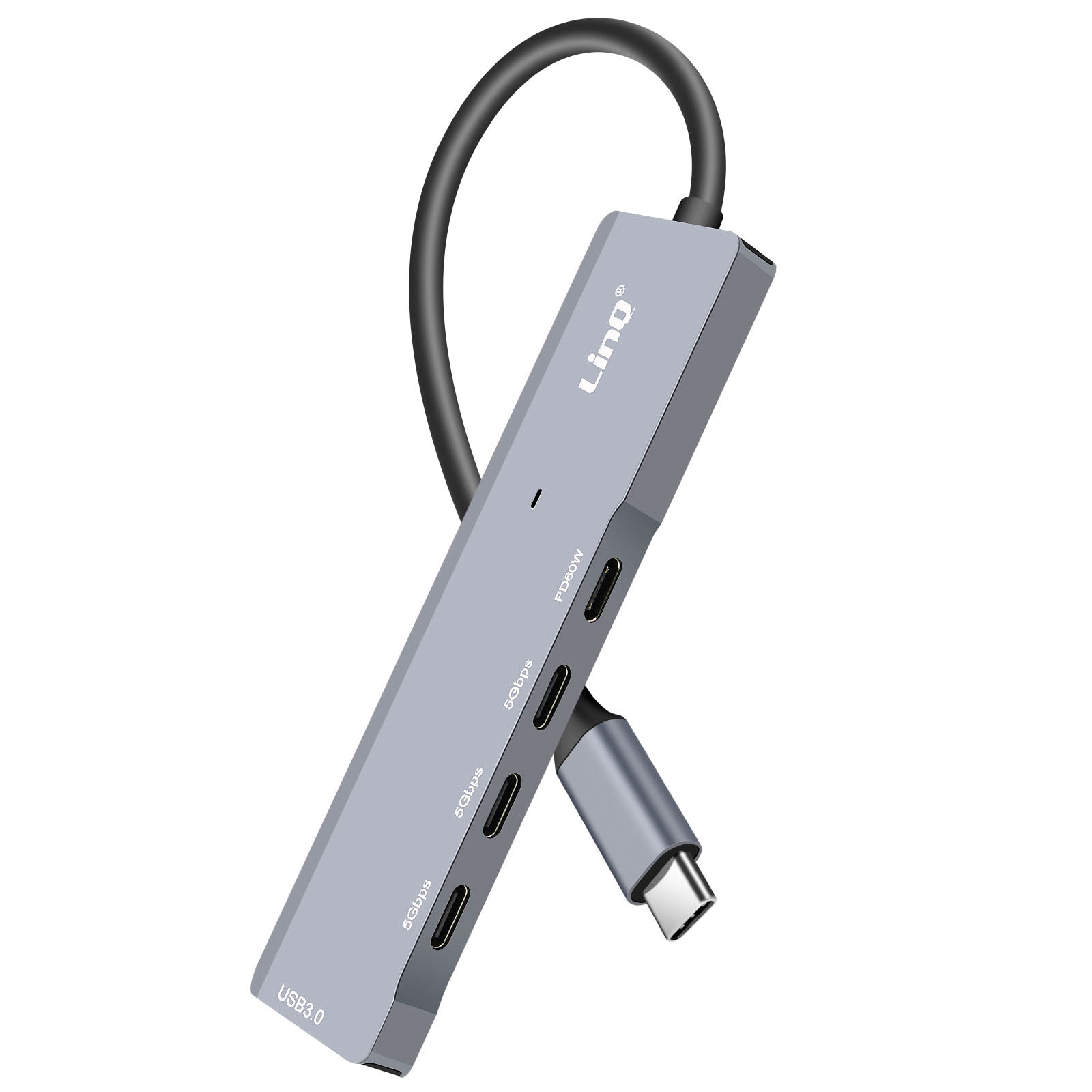 Un hub USB 3.0 argentato con più porte. Testo: USB3.0, 5 Gbps, PD, ecc. Collegato a un cavo.
