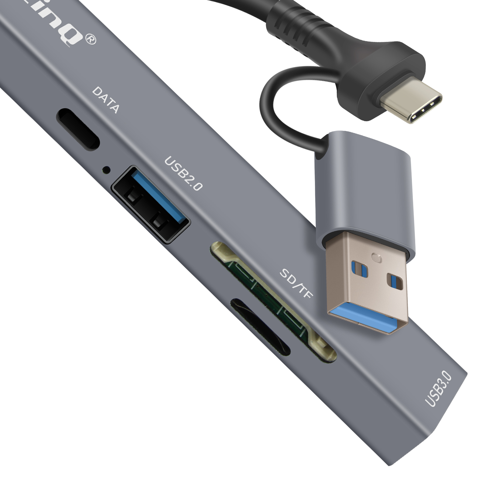 Un hub USB gris avec plusieurs ports et un câble USB.