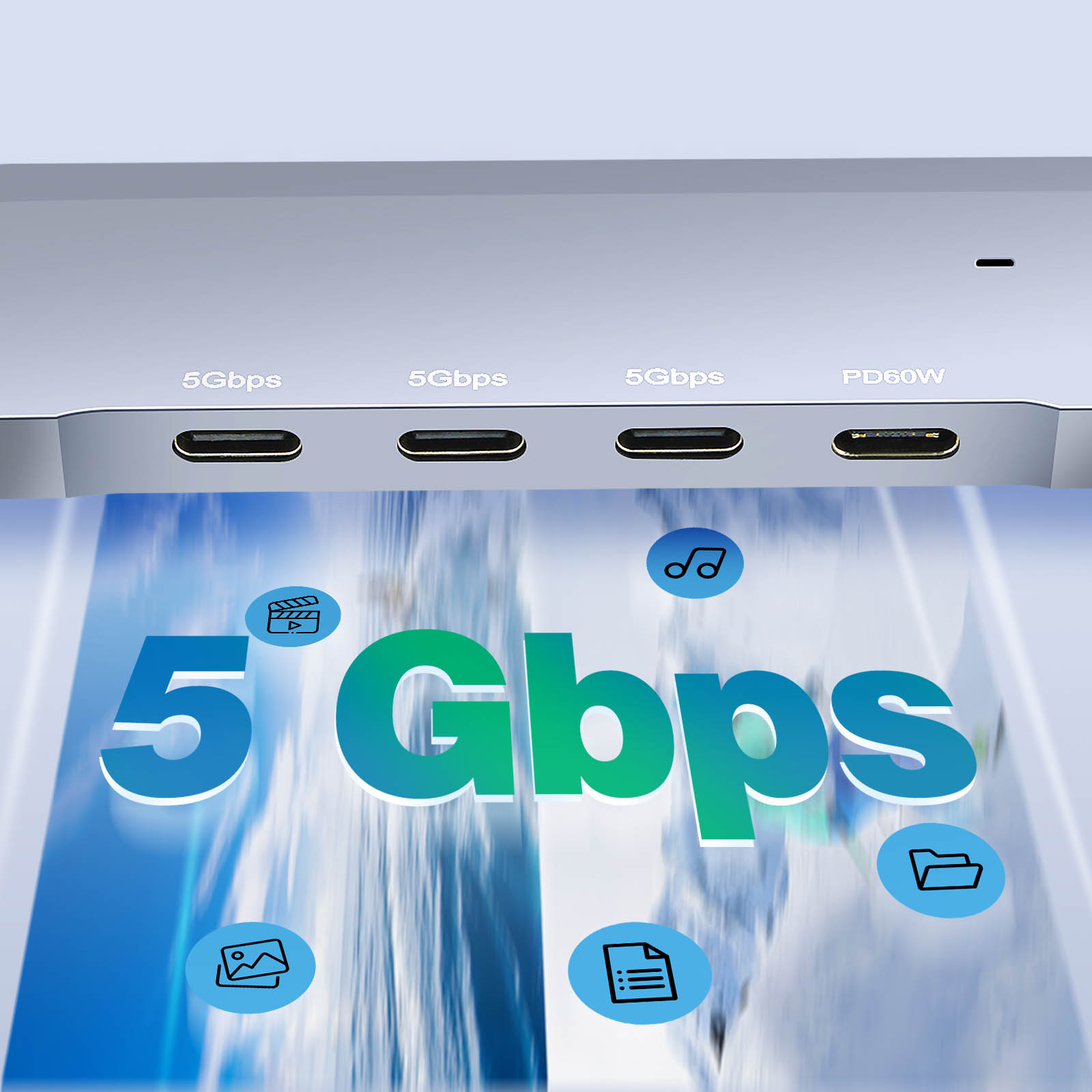 Primo piano di un dispositivo con più porte. Il testo indica 5 Gbps e PD60W. Icone che rappresentano media e file.