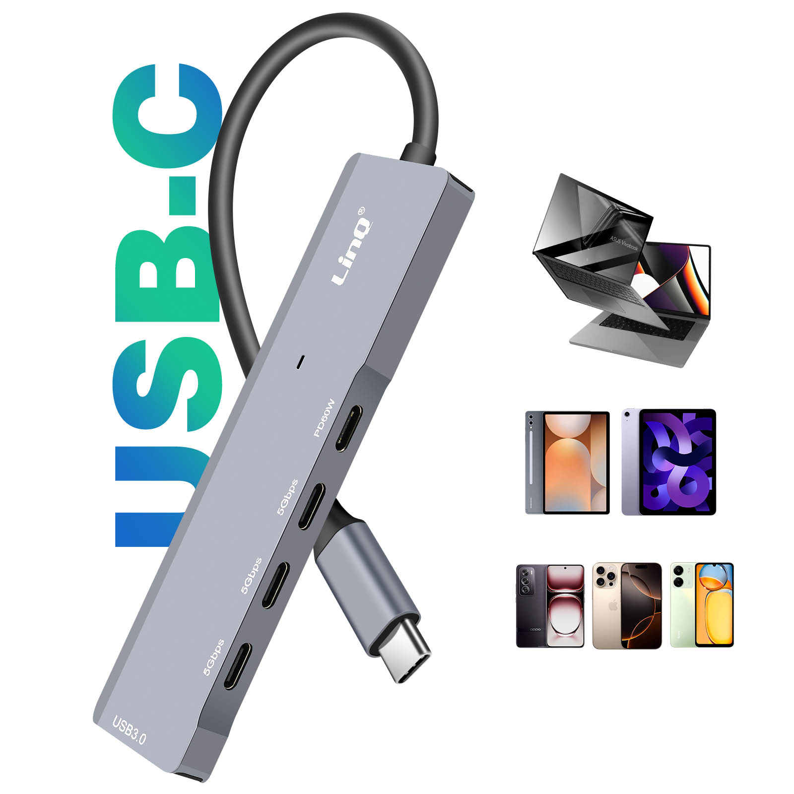 Un hub USB-C con più porte e immagini di dispositivi elettronici a cui si connette.