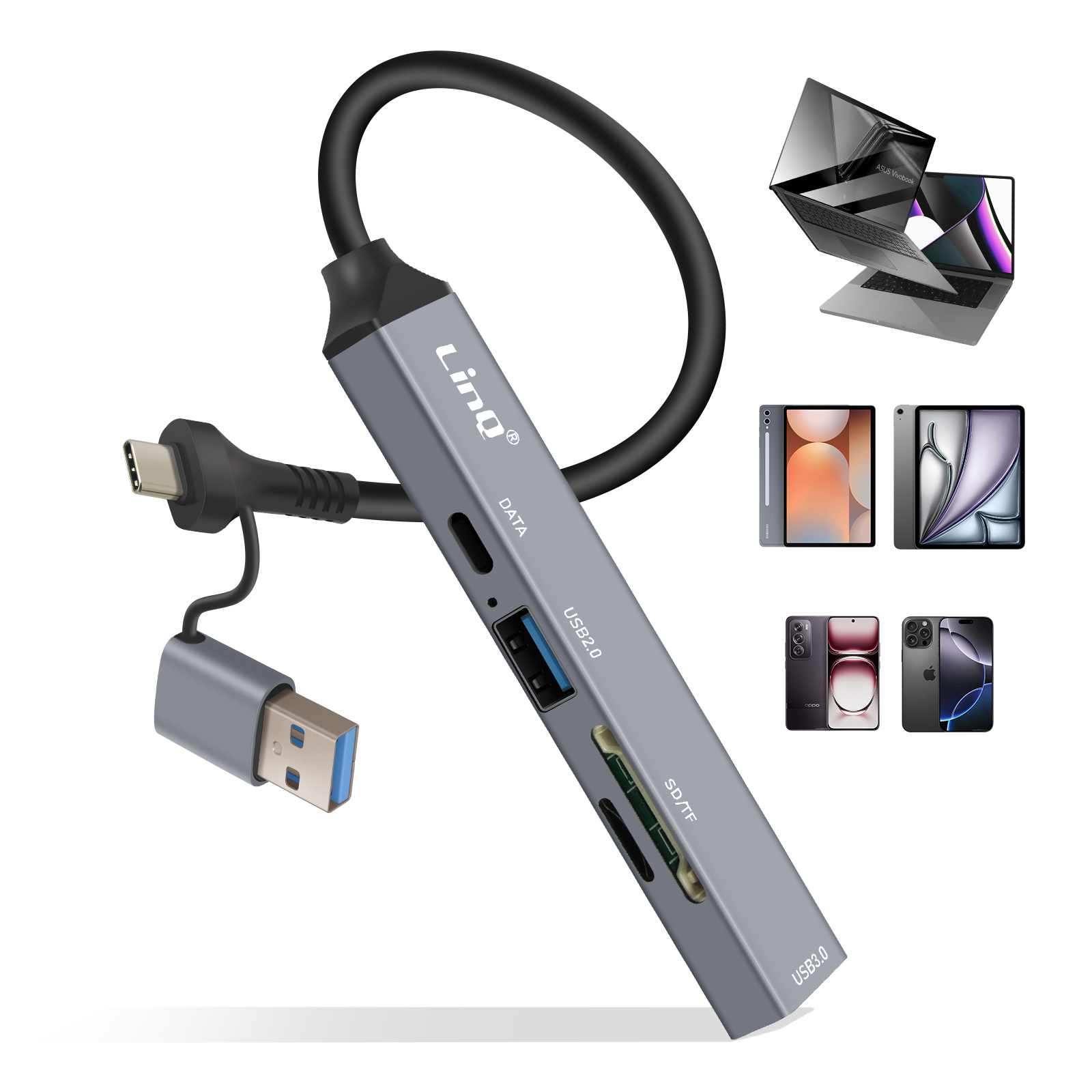 Un hub USB-C gris avec des ports pour les données, l'USB et les cartes SD/TF. Connecté à des appareils et des téléphones.