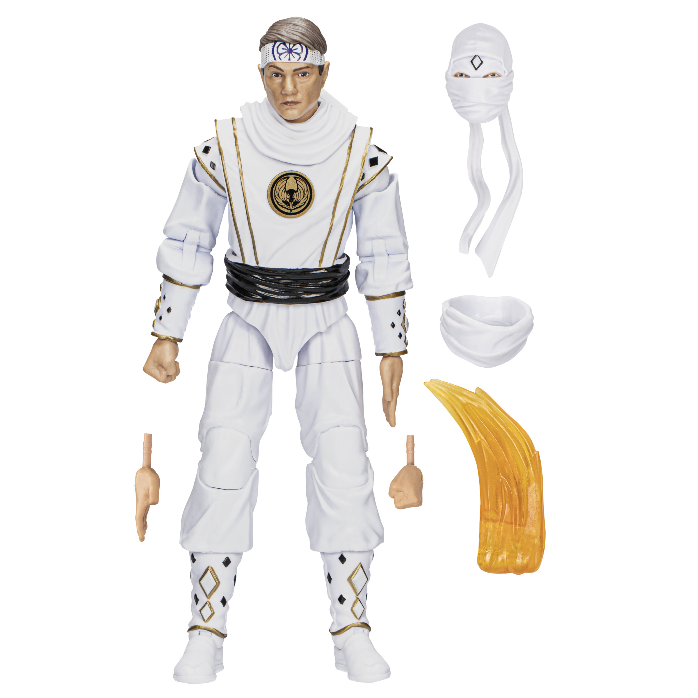 Action figure di un ninja bianco, con accessori: copricapo, mani e un effetto energia dorata.