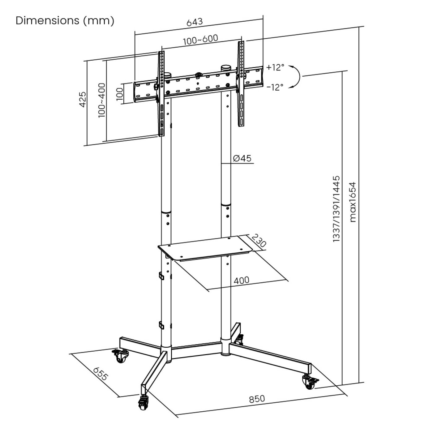 Technische tekening van een tv-standaard met afmetingen. Witte achtergrond. Lijnen en maten in mm.