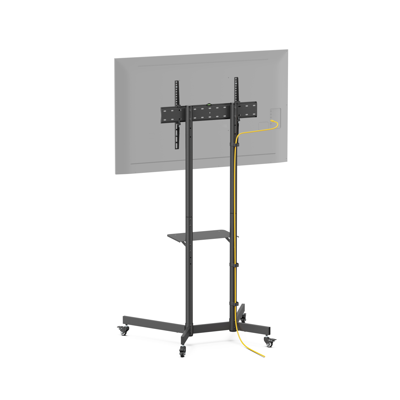 De achterkant van een tv op een zwart statief met een gele kabel, tegen een witte achtergrond.