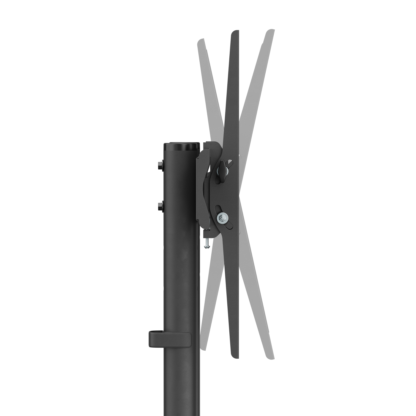 Een zwarte monitorstandaard met een gekanteld scherm op een witte achtergrond.