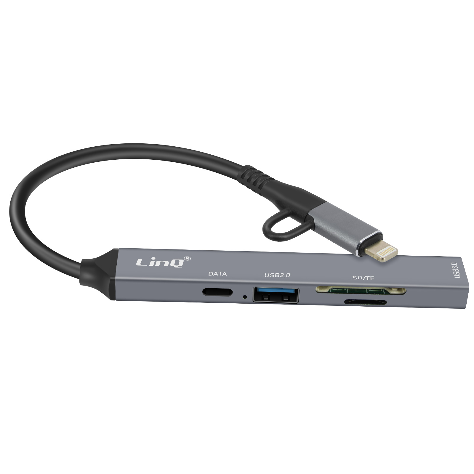 Hub USB gris avec plusieurs ports et un connecteur Lightning. Ports de données, USB 2.0, SD/TF.