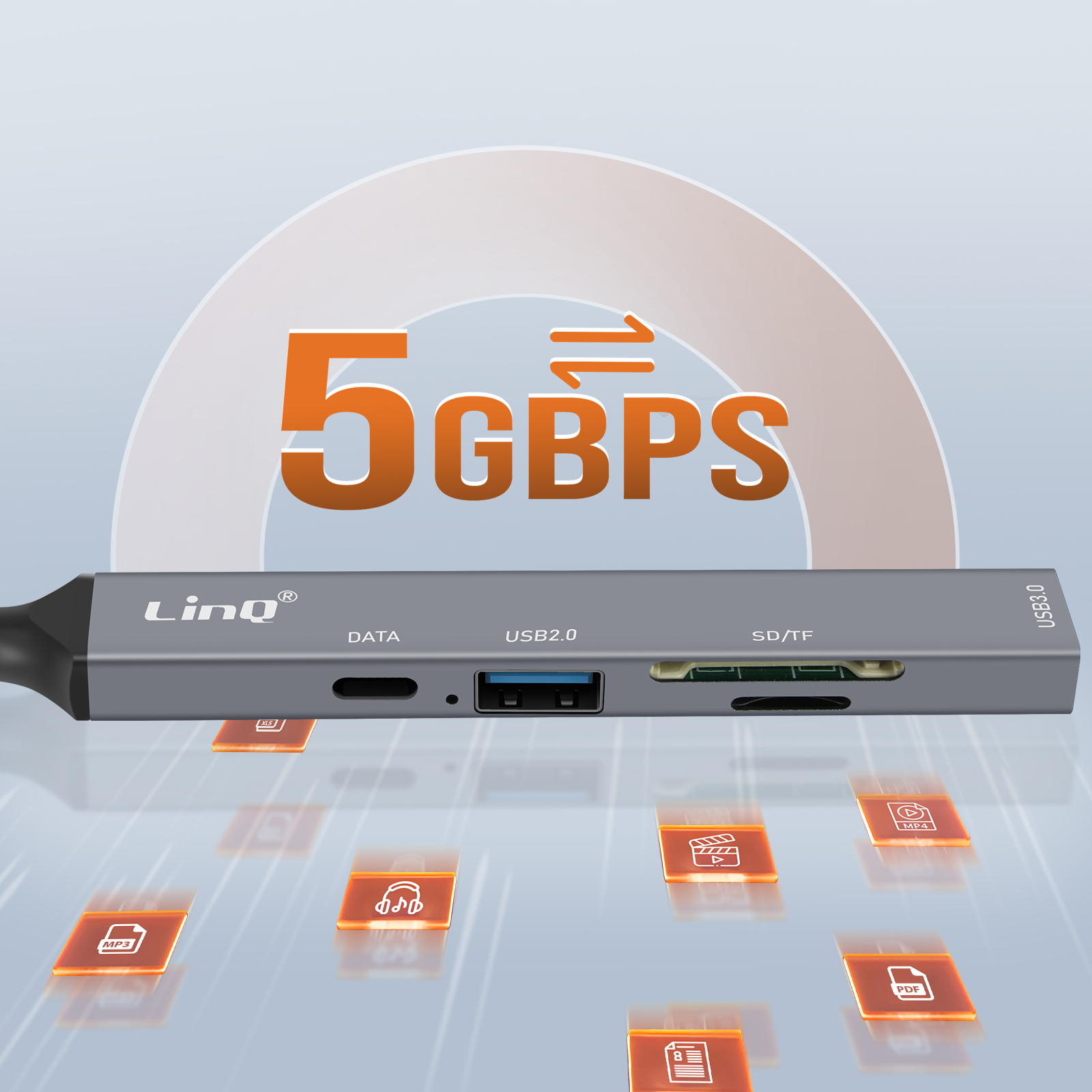 Un hub USB gris avec des ports pour données, USB2.0, SD/TF et des icônes indiquant les types de fichiers.