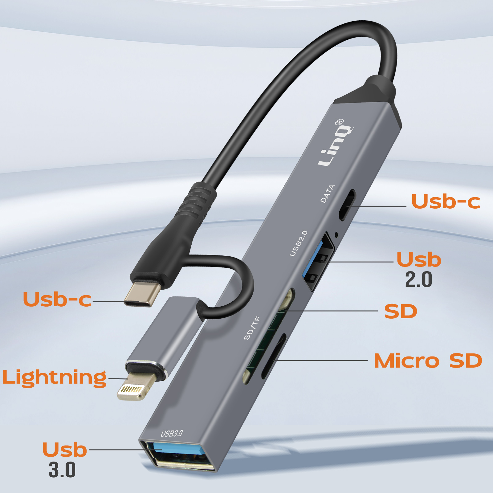Hub USB gris avec plusieurs ports : USB-C, USB 3.0, USB 2.0, Micro SD, SD et Lightning.