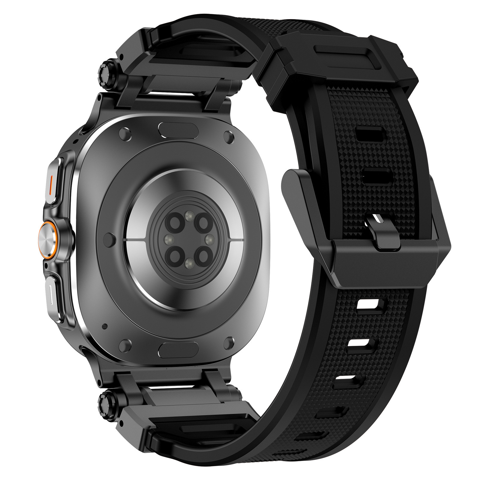 Die Rückseite einer schwarzen Smartwatch mit schwarzem Armband, die einen kreisförmigen Sensorbereich und eine orangefarbene Taste zeigt.