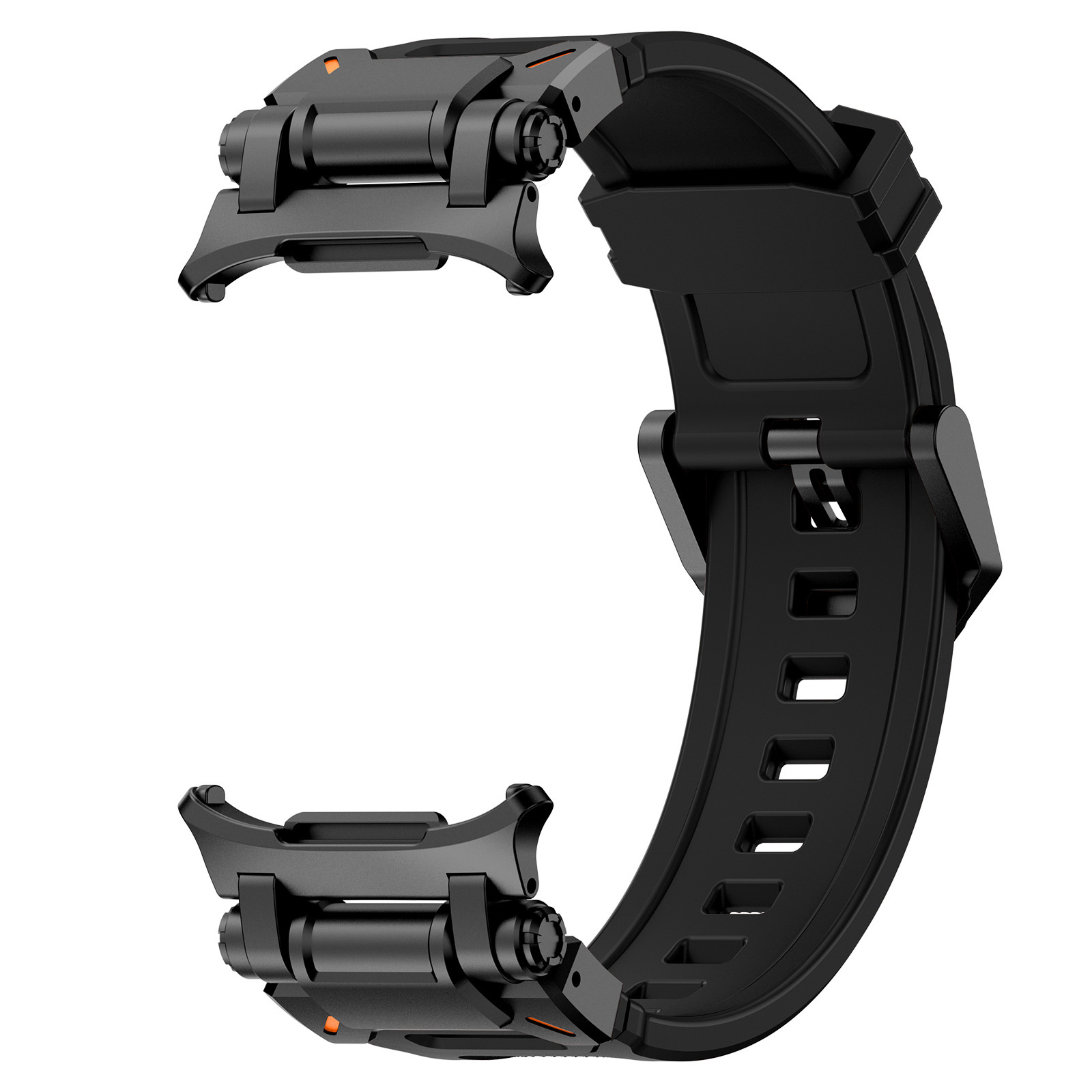 Schwarzes Uhrenarmband mit geschwungenem Design. Mit Verriegelungsmechanismen an den Enden.