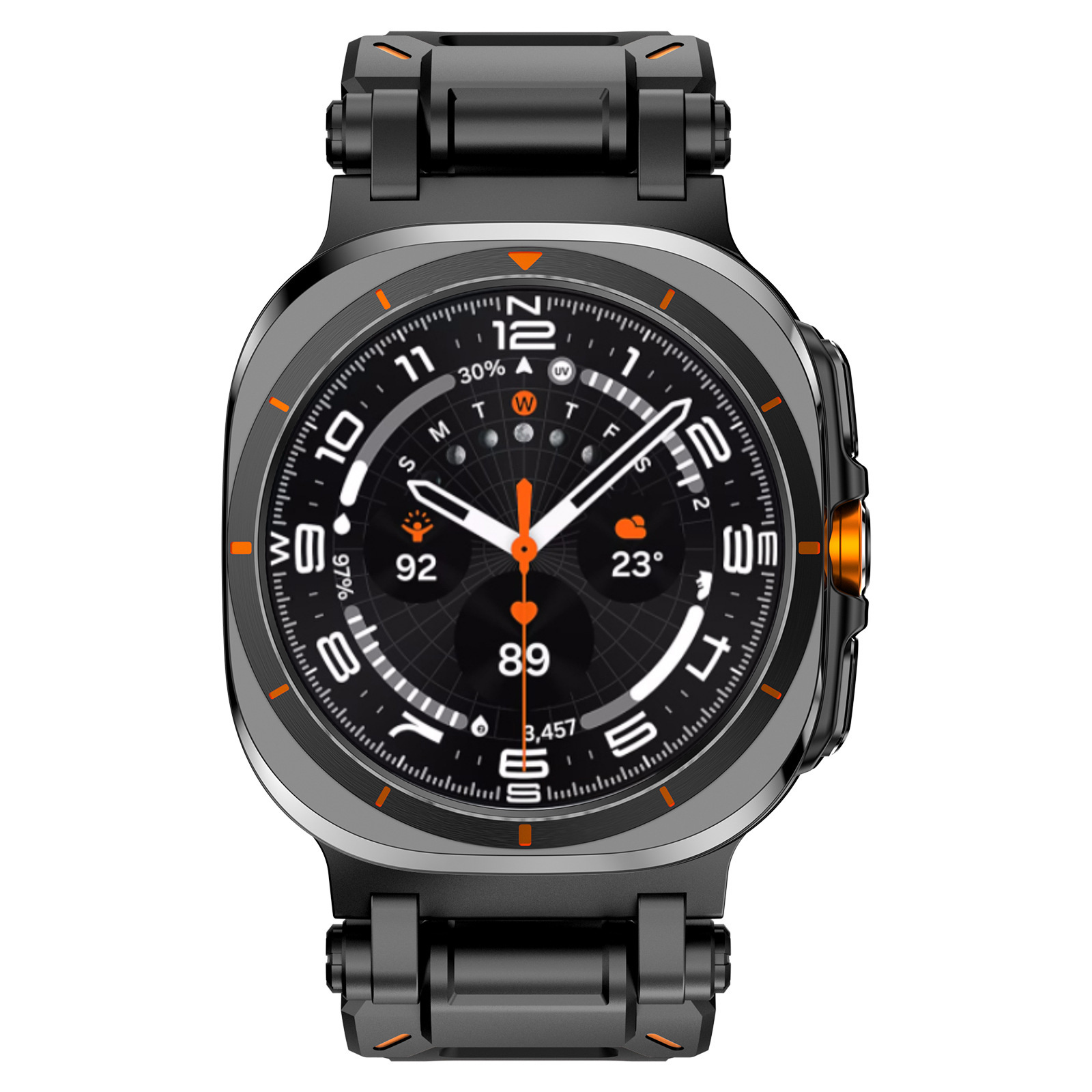 Schwarze Smartwatch mit orangefarbenen Akzenten, zeigt Zeit, Datum und Gesundheitsdaten.
