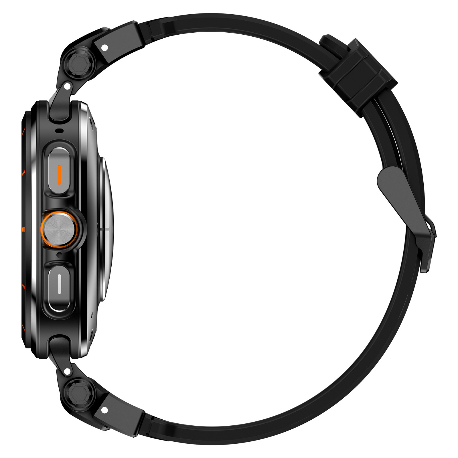 Eine schwarze Smartwatch mit orangefarbenem Knopf, schwarzem Armband und Seitenansicht.