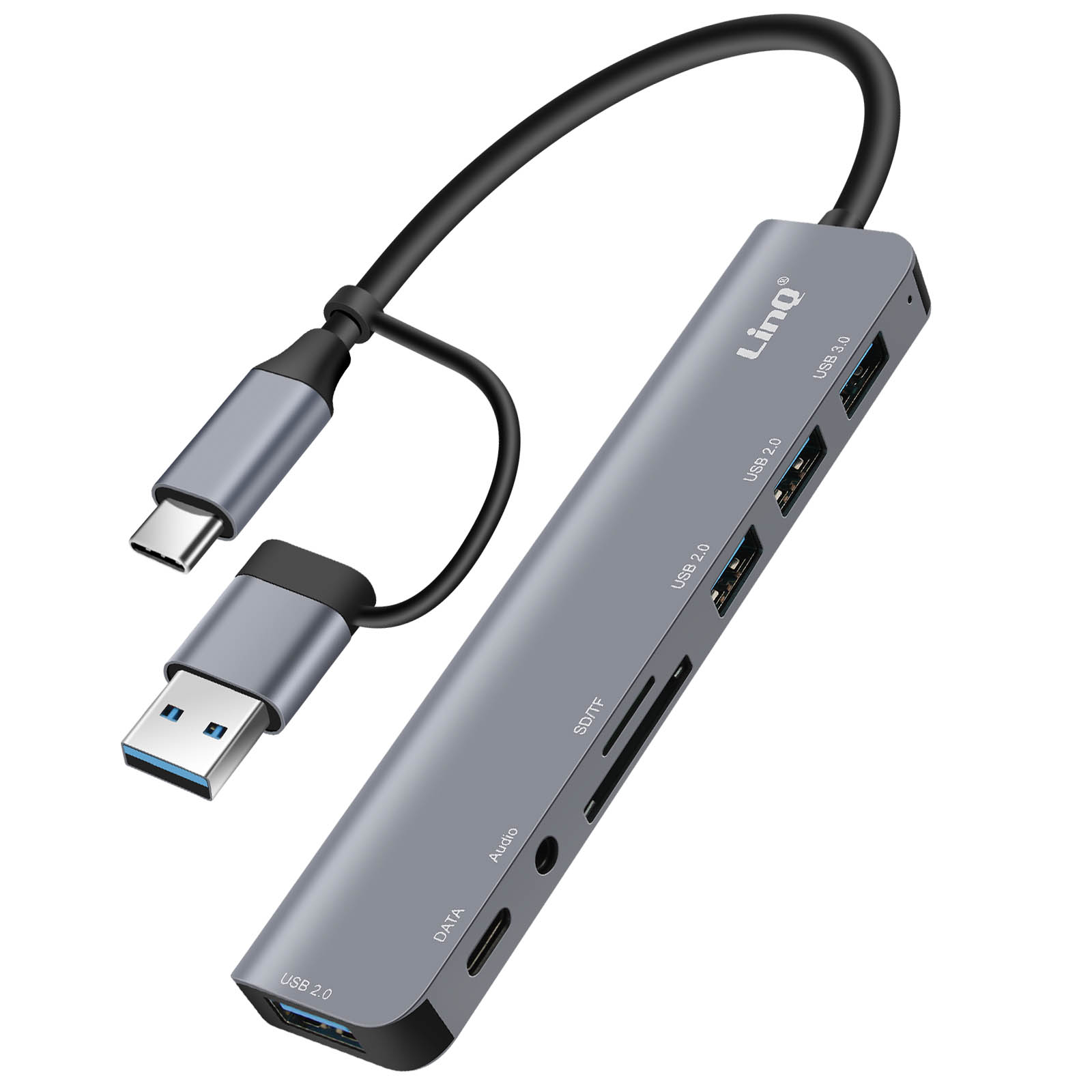 Un hub USB grigio con più porte e un cavo con connettore USB-C e USB-A.