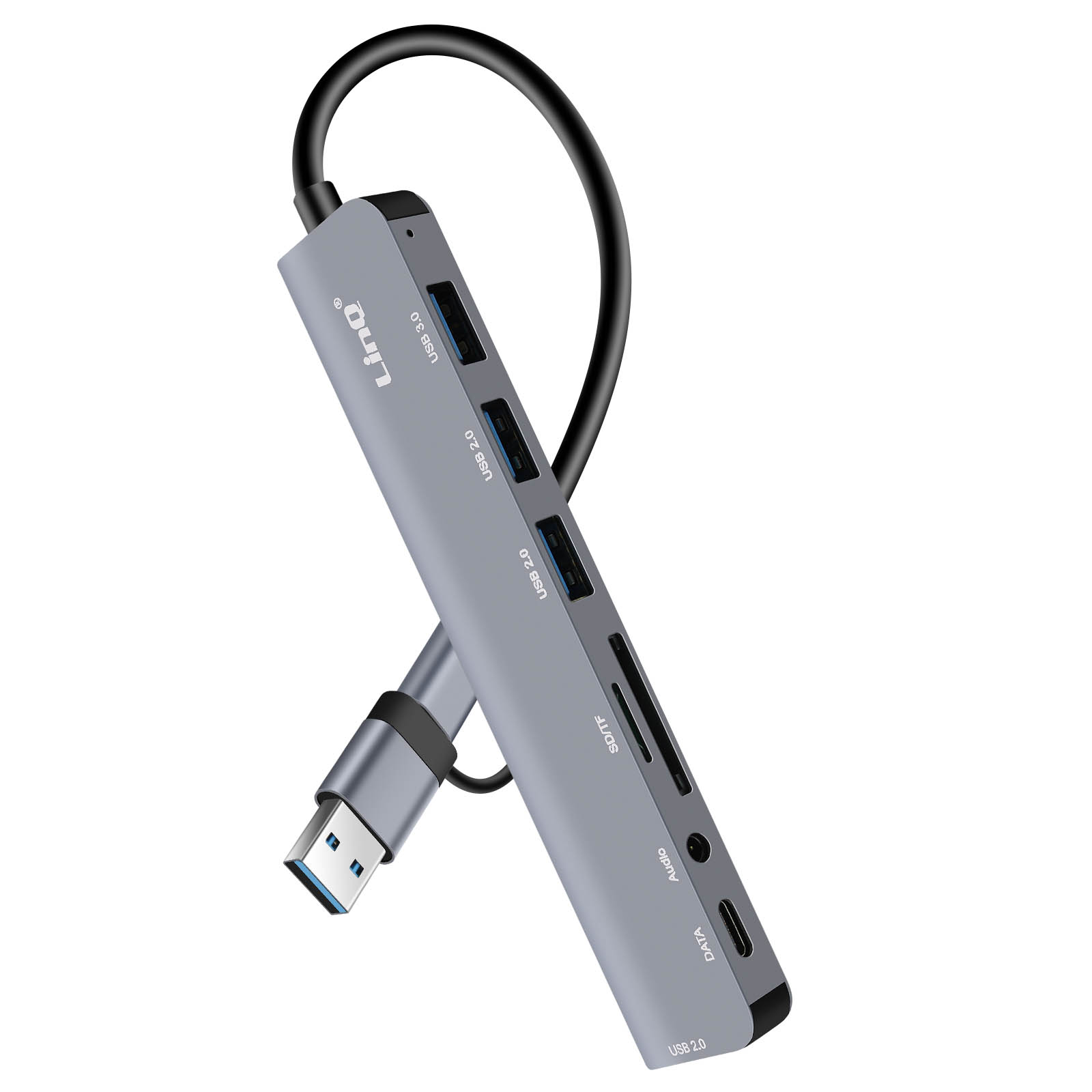 Un hub USB grigio con più porte e un cavo USB. È angolato e rialzato.